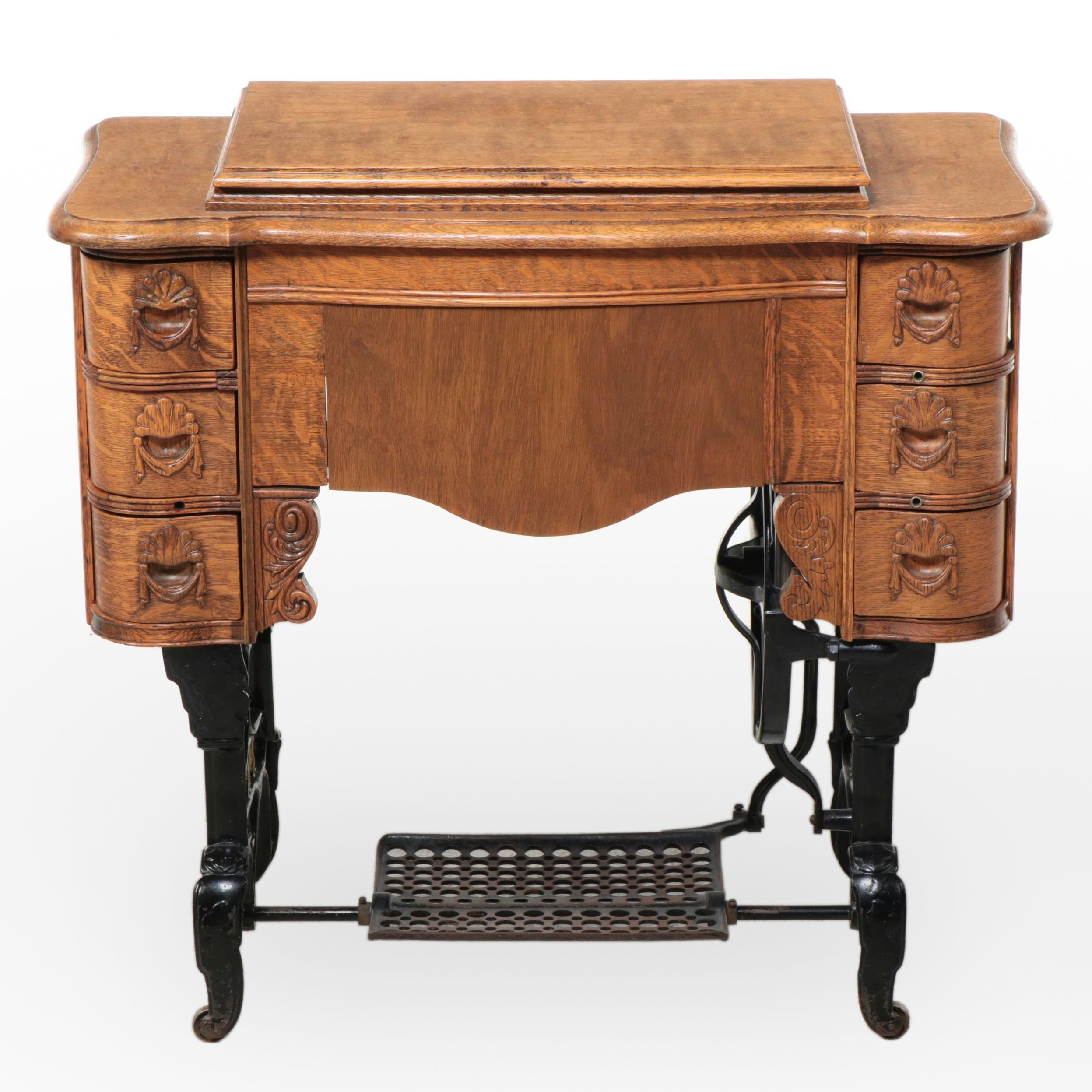 Victorian Tiger Oak Treadle Base Sewing Machine Table, Late 19th/ Early 20th C.