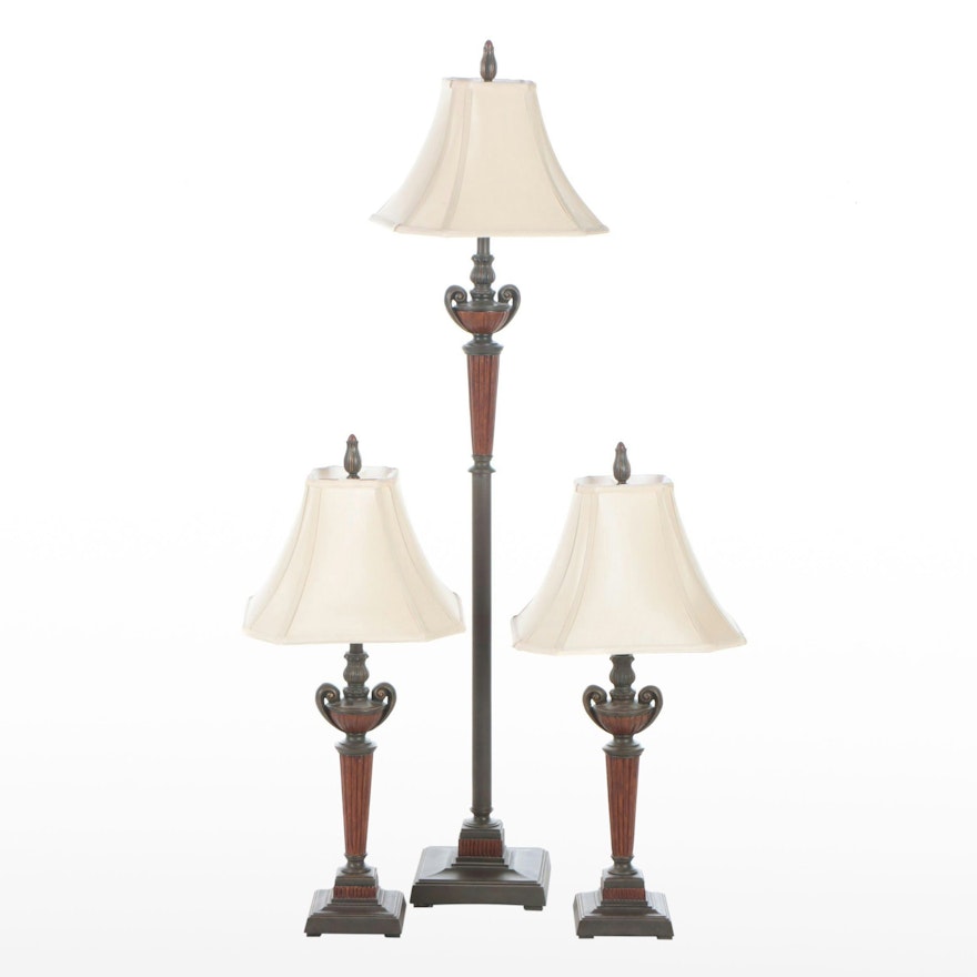 Contemporary Neoclassical Style Faux Bois Floor and Matching Table Lamps
