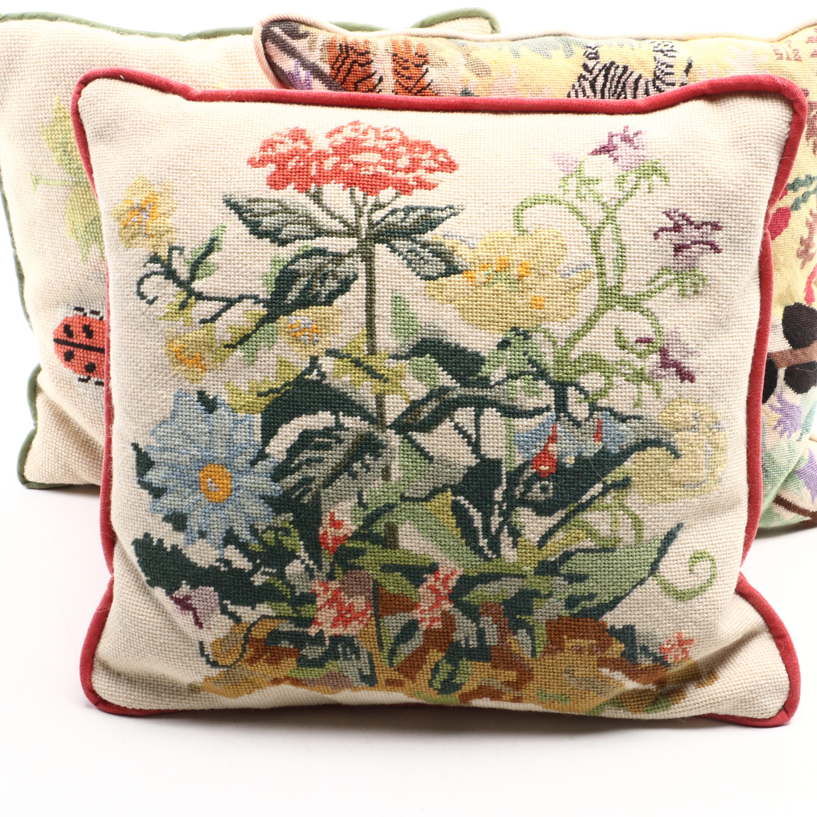 Handmade Needlepoint Throw Pillows with Animal and Floral Motifs