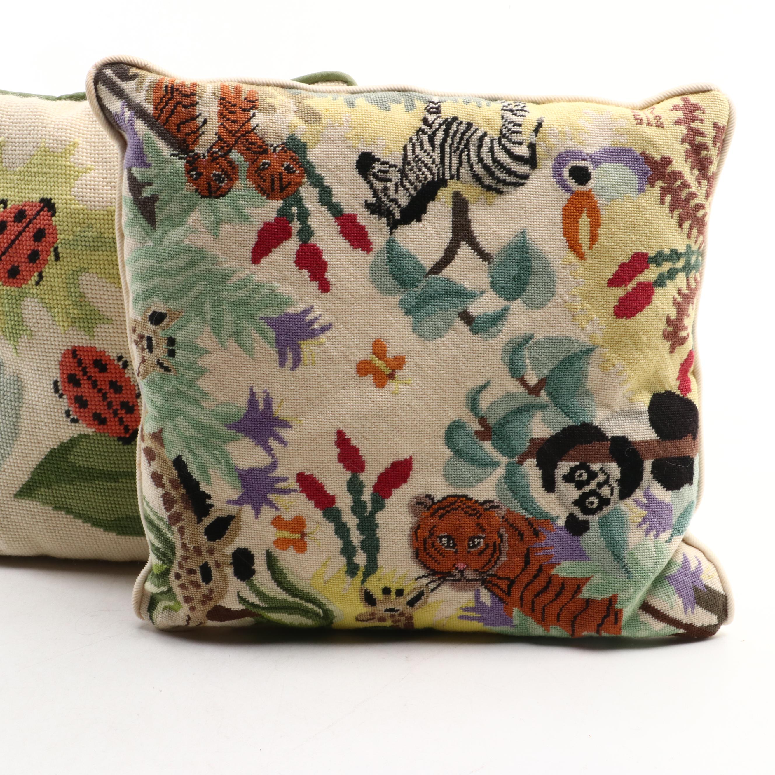 Handmade Needlepoint Throw Pillows with Animal and Floral Motifs