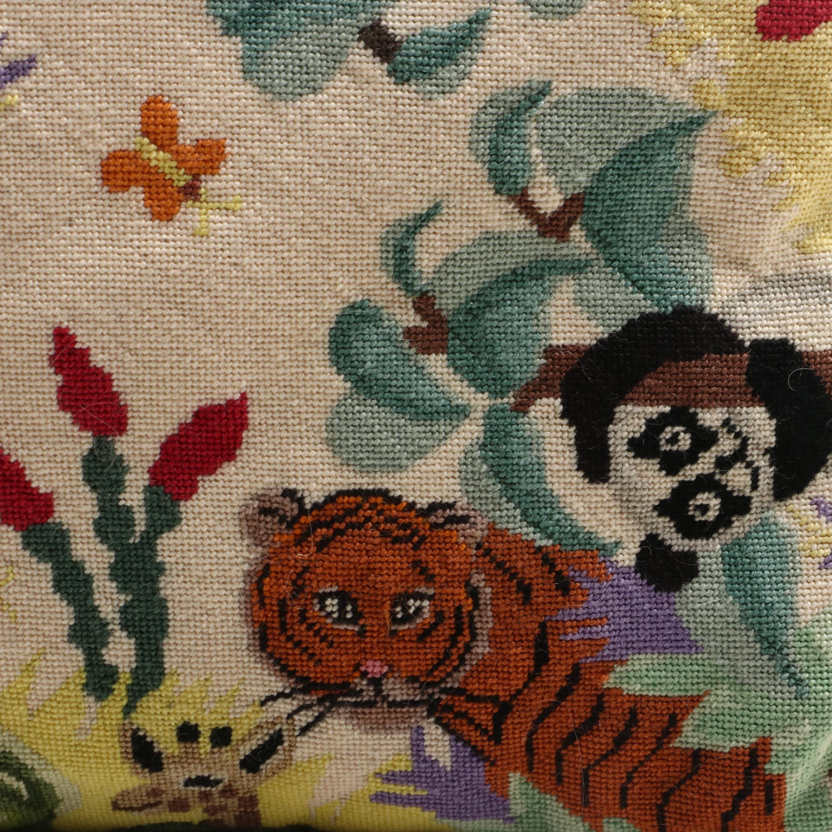 Handmade Needlepoint Throw Pillows with Animal and Floral Motifs