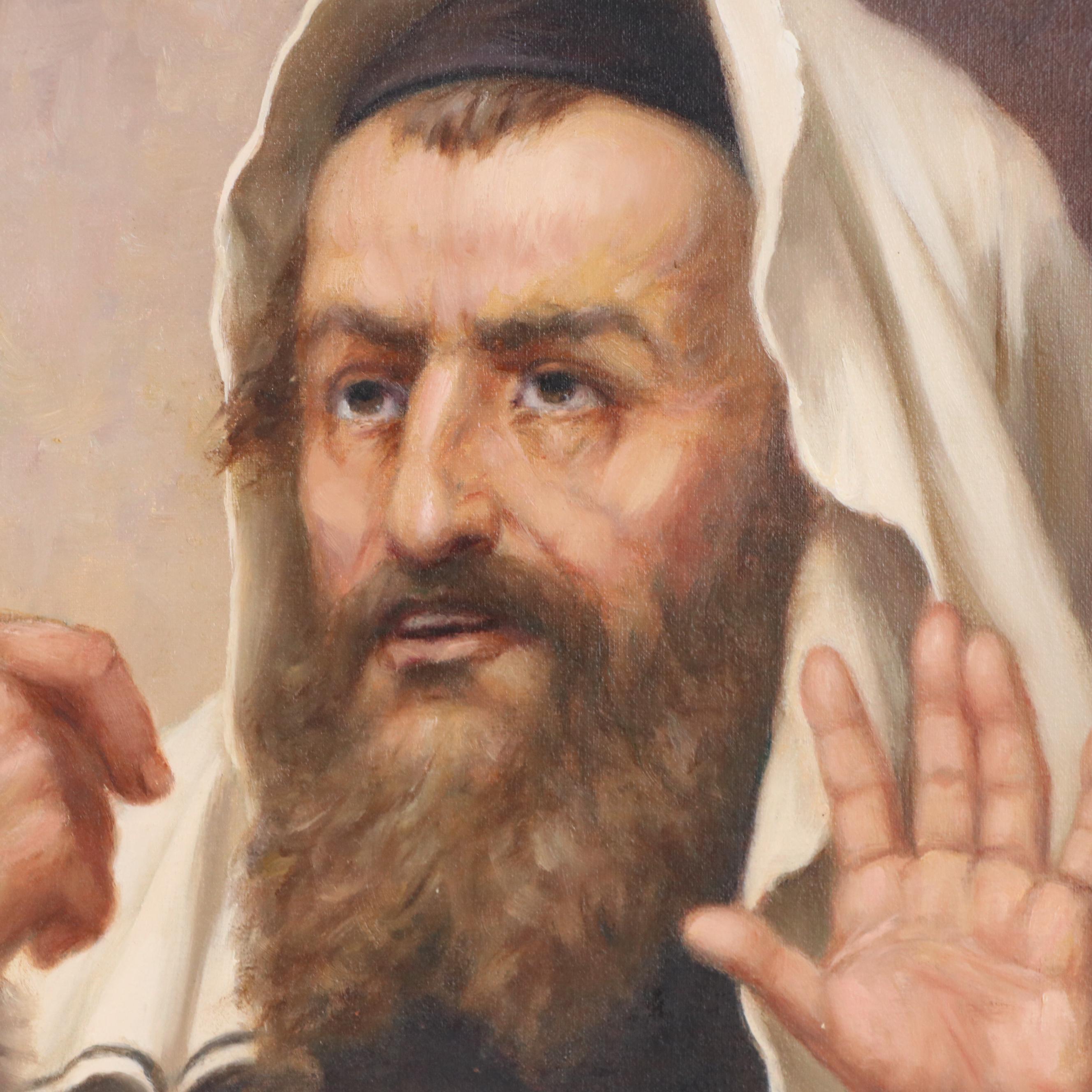 Judaica Genre Oil Painting of Two Rabbis