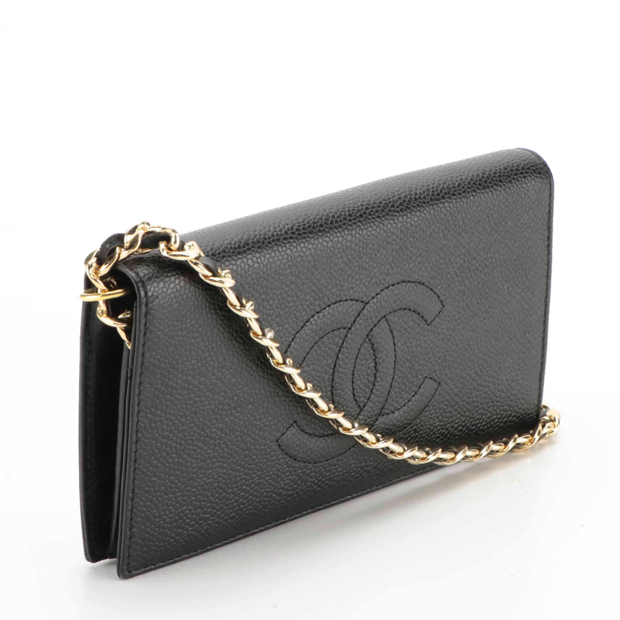 Chanel CC Black Caviar Leather Wallet on Chain Crossbody with Interwoven Strap