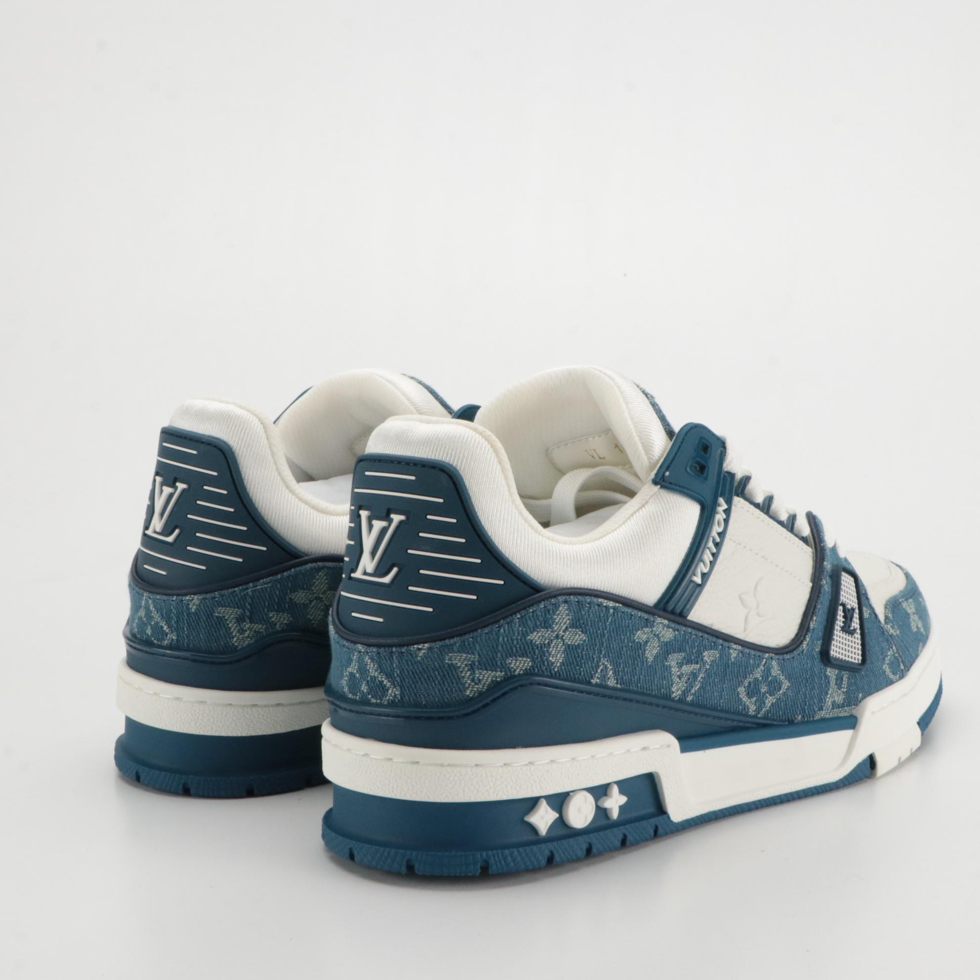 Louis Vuitton Blue and White Monogram Denim Lace-Up LV Trainer Sneakers