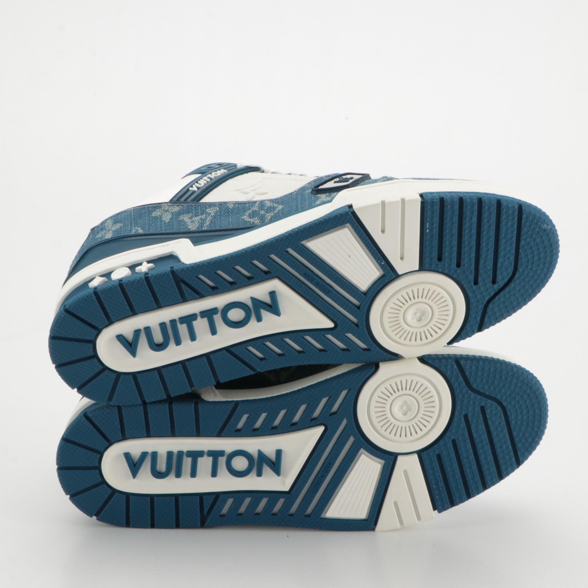Louis Vuitton Blue and White Monogram Denim Lace-Up LV Trainer Sneakers