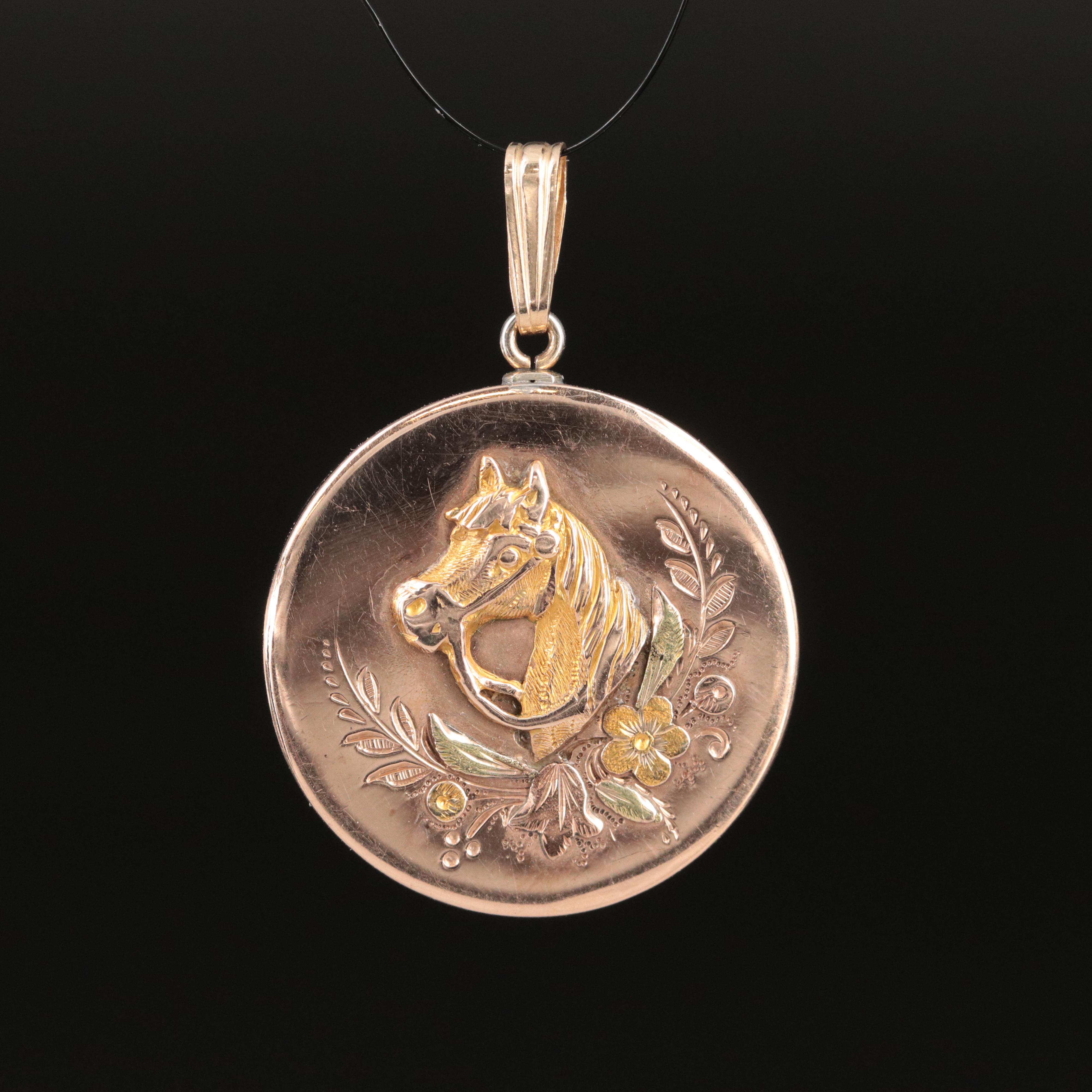 Vintage 10K Rose Horse Pendant with Yellow and Green Gold Accents