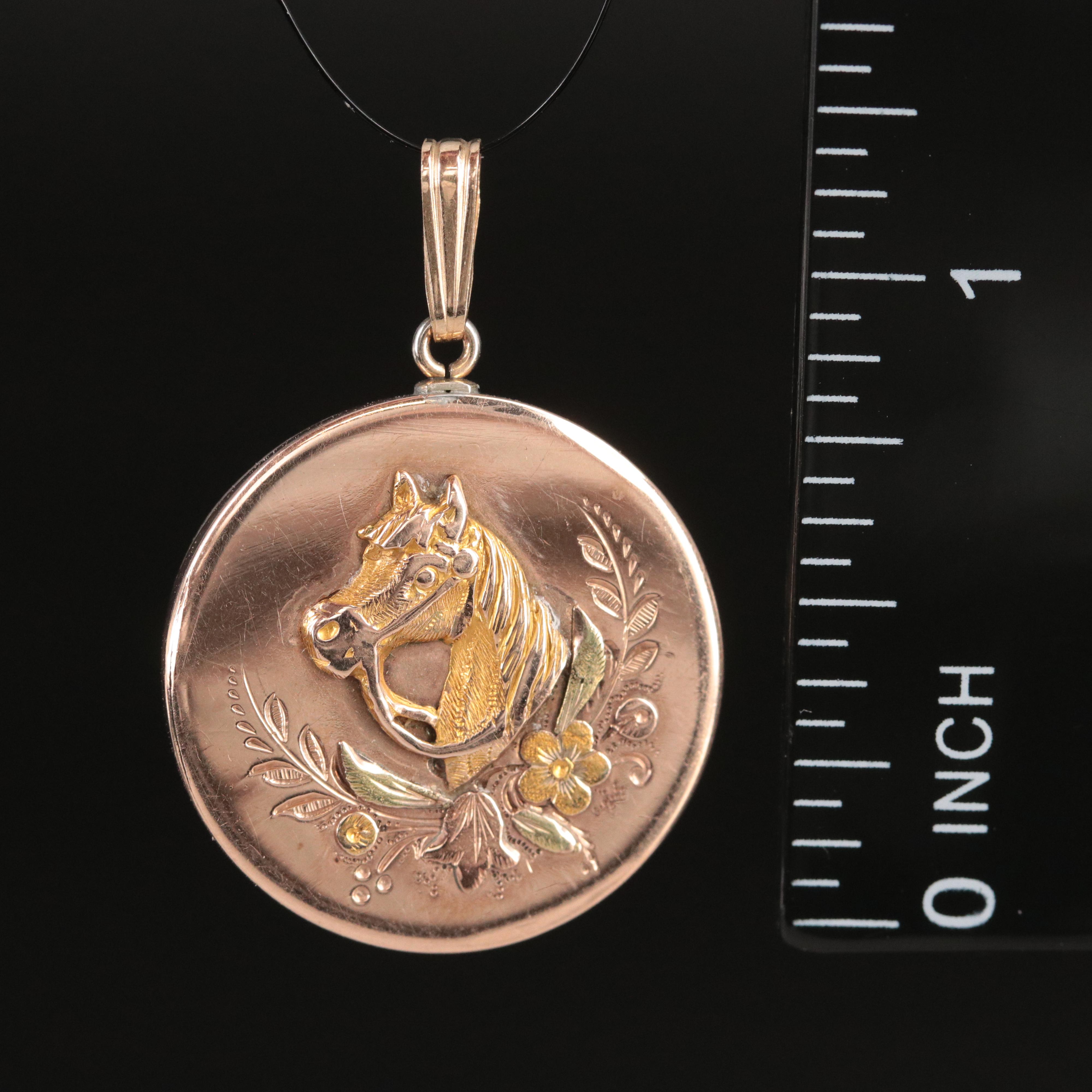 Vintage 10K Rose Horse Pendant with Yellow and Green Gold Accents