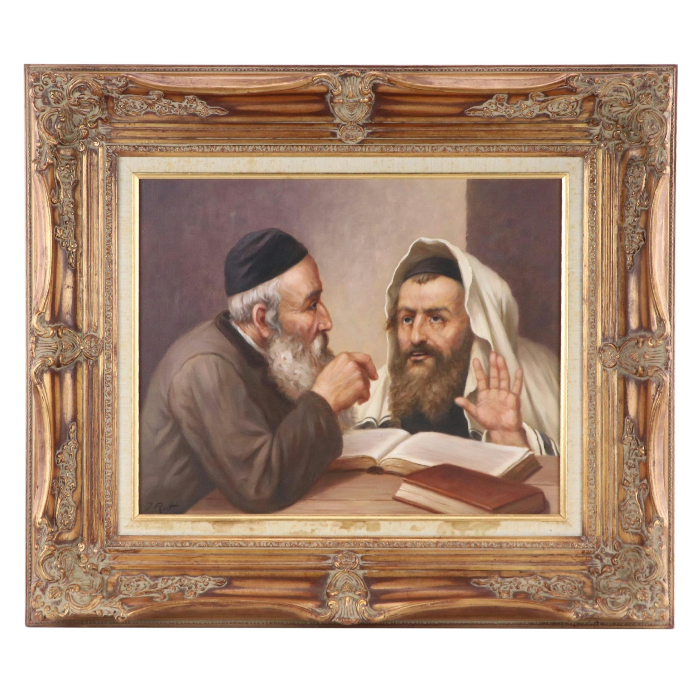 Judaica Genre Oil Painting of Two Rabbis