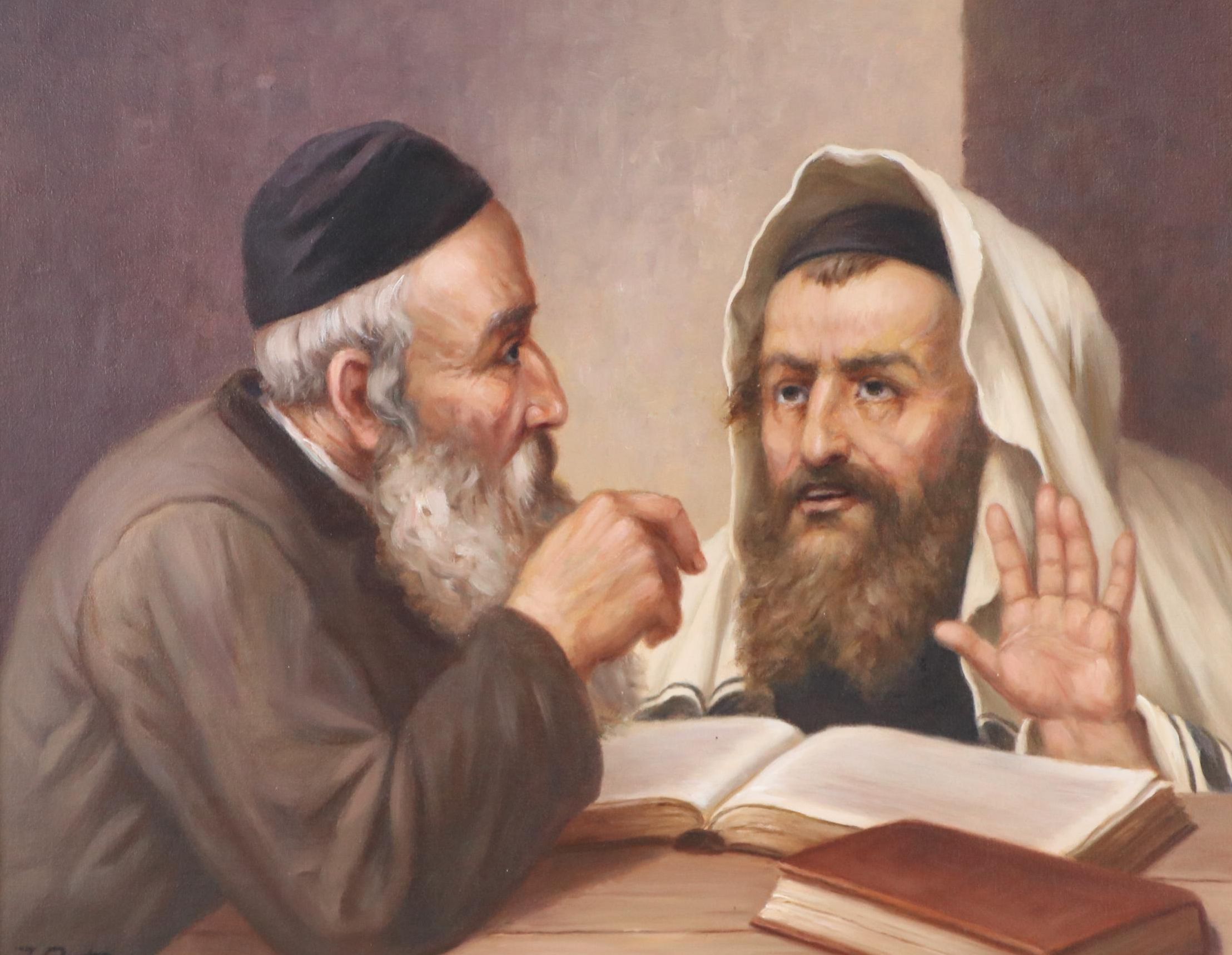 Judaica Genre Oil Painting of Two Rabbis