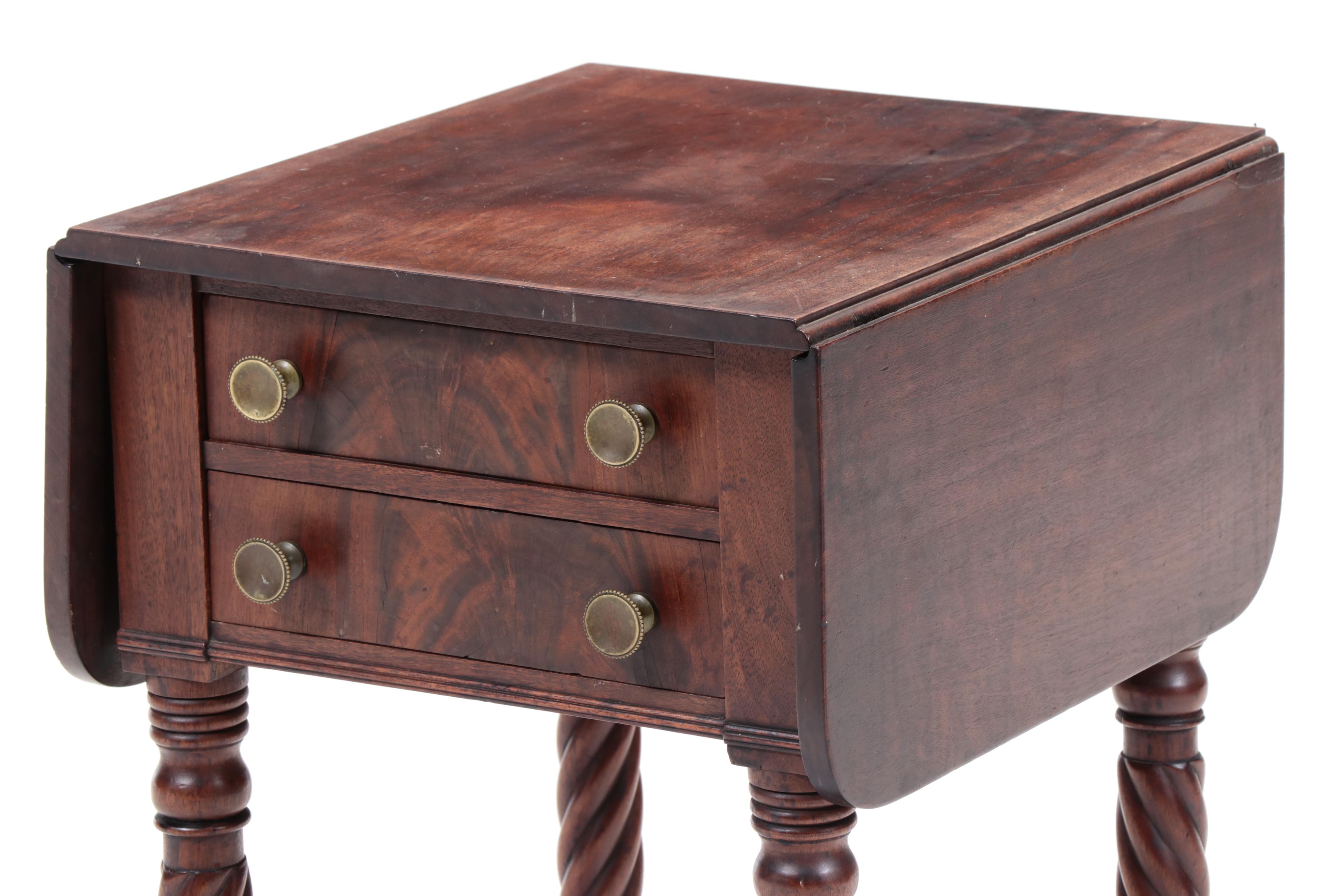 American Classical Mahogany Two-Drawer Work Table with Drop Leaves, circa 1830