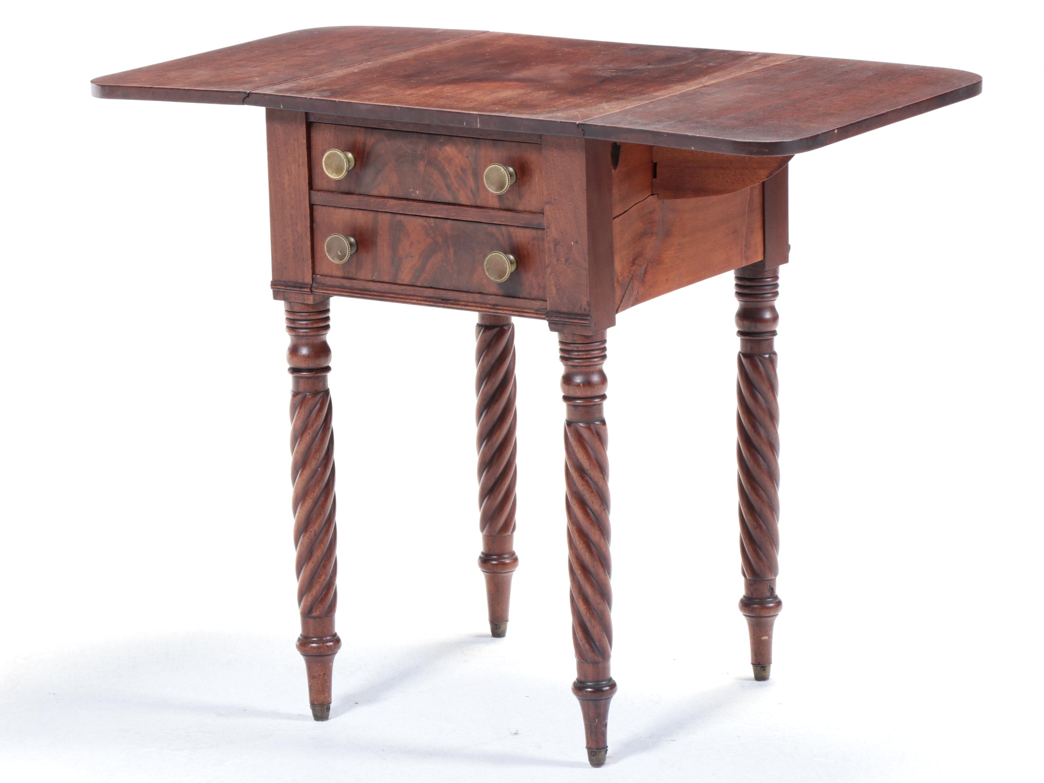American Classical Mahogany Two-Drawer Work Table with Drop Leaves, circa 1830