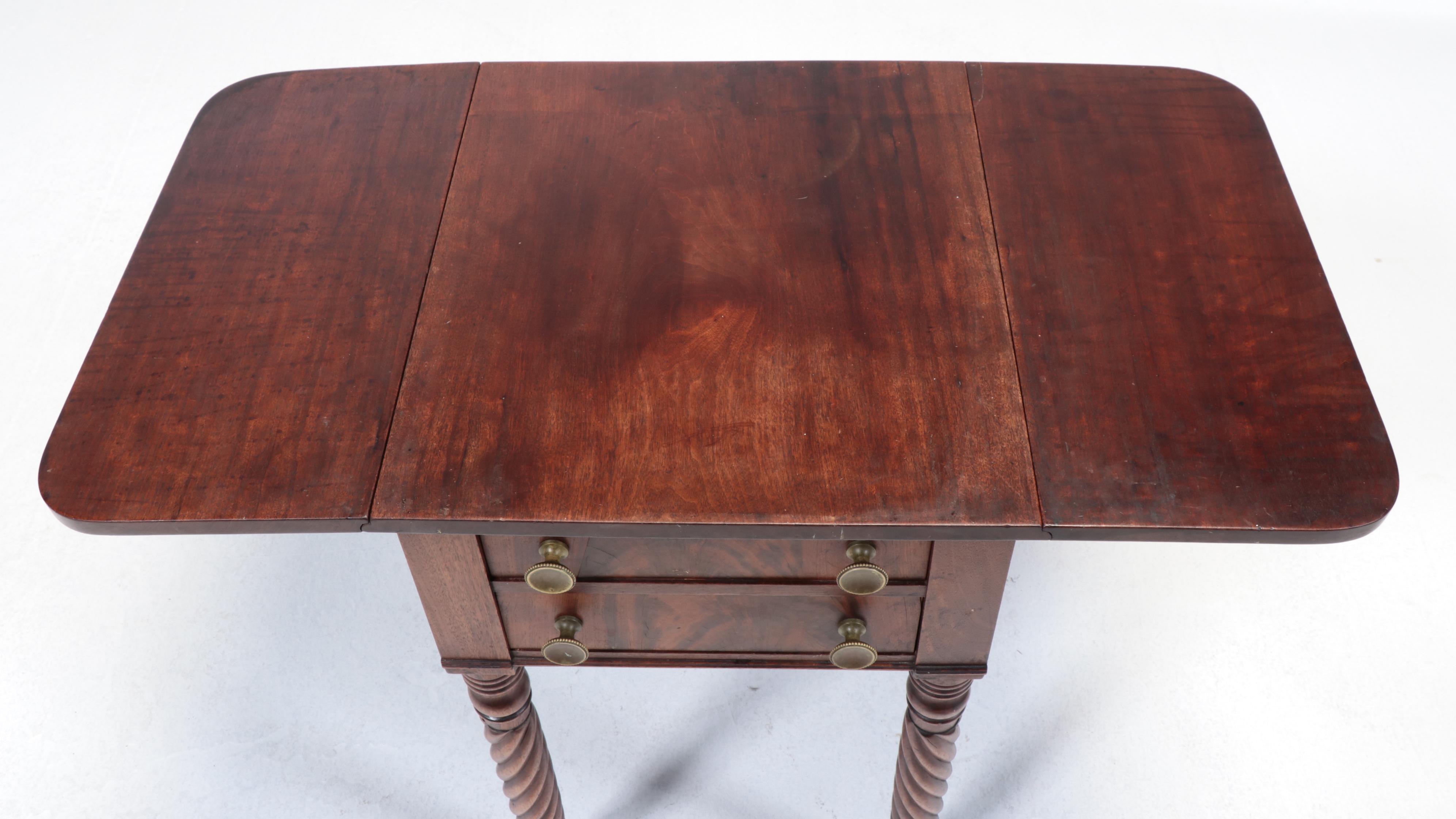 American Classical Mahogany Two-Drawer Work Table with Drop Leaves, circa 1830