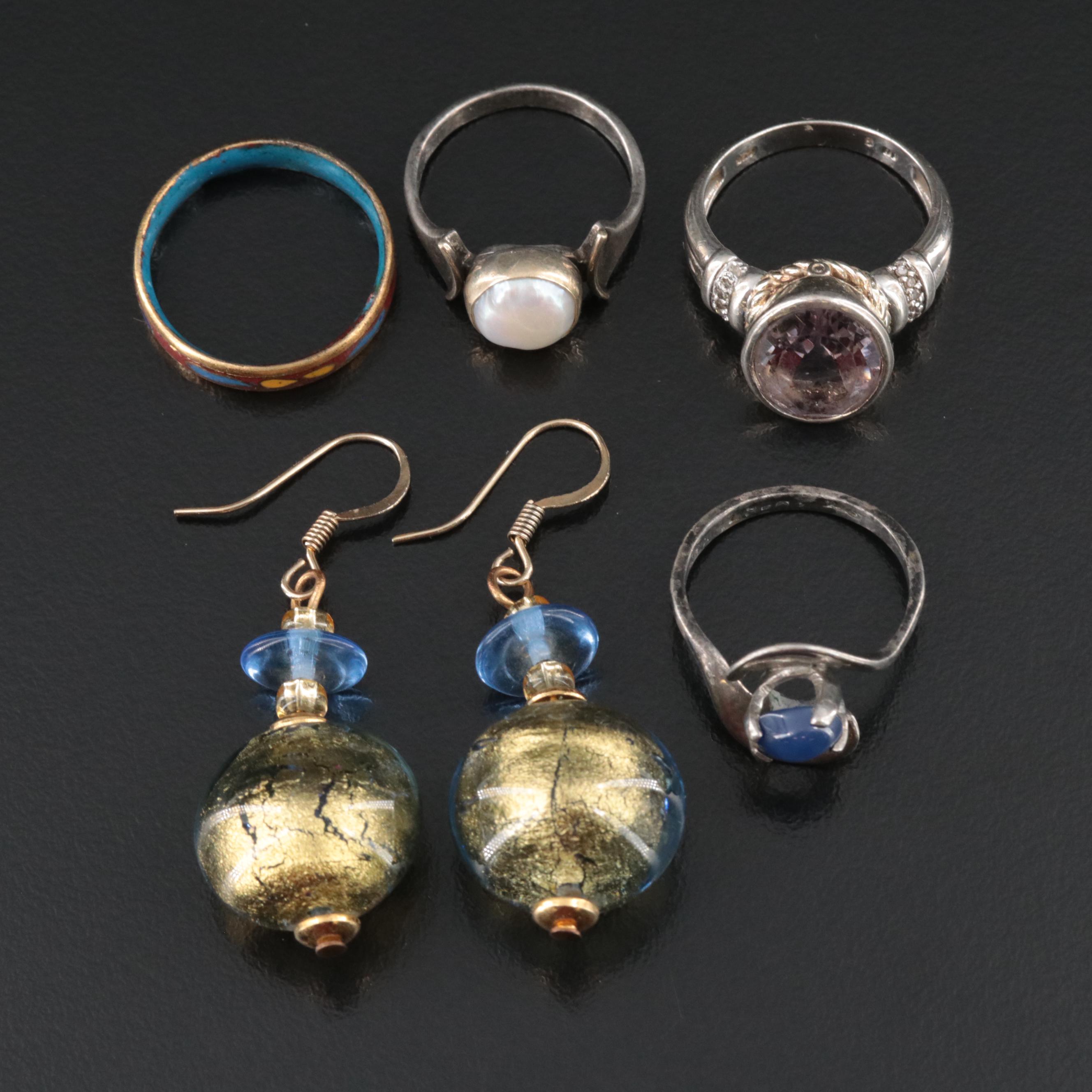Sterling Gemstone Rings, Enamel Band and Art Glass Earrings
