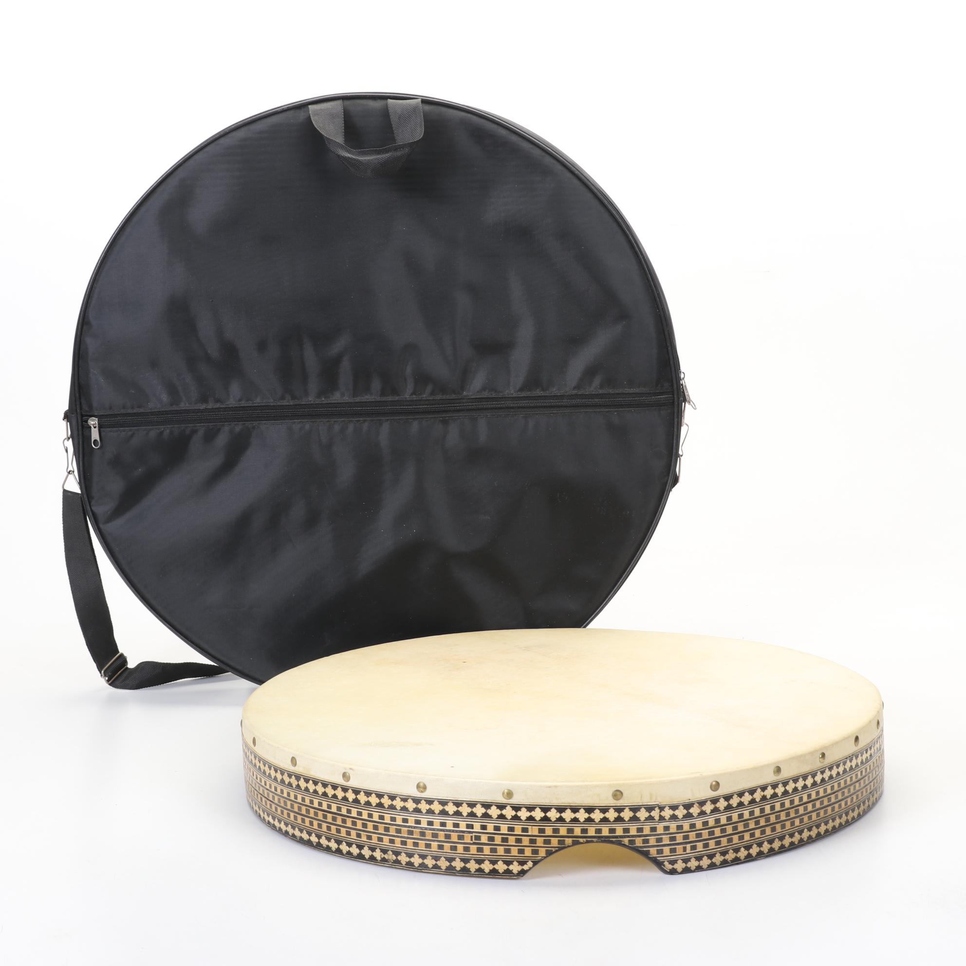 Turkish Bendir Hand Drum with Inlaid Decoration and Carrying Case
