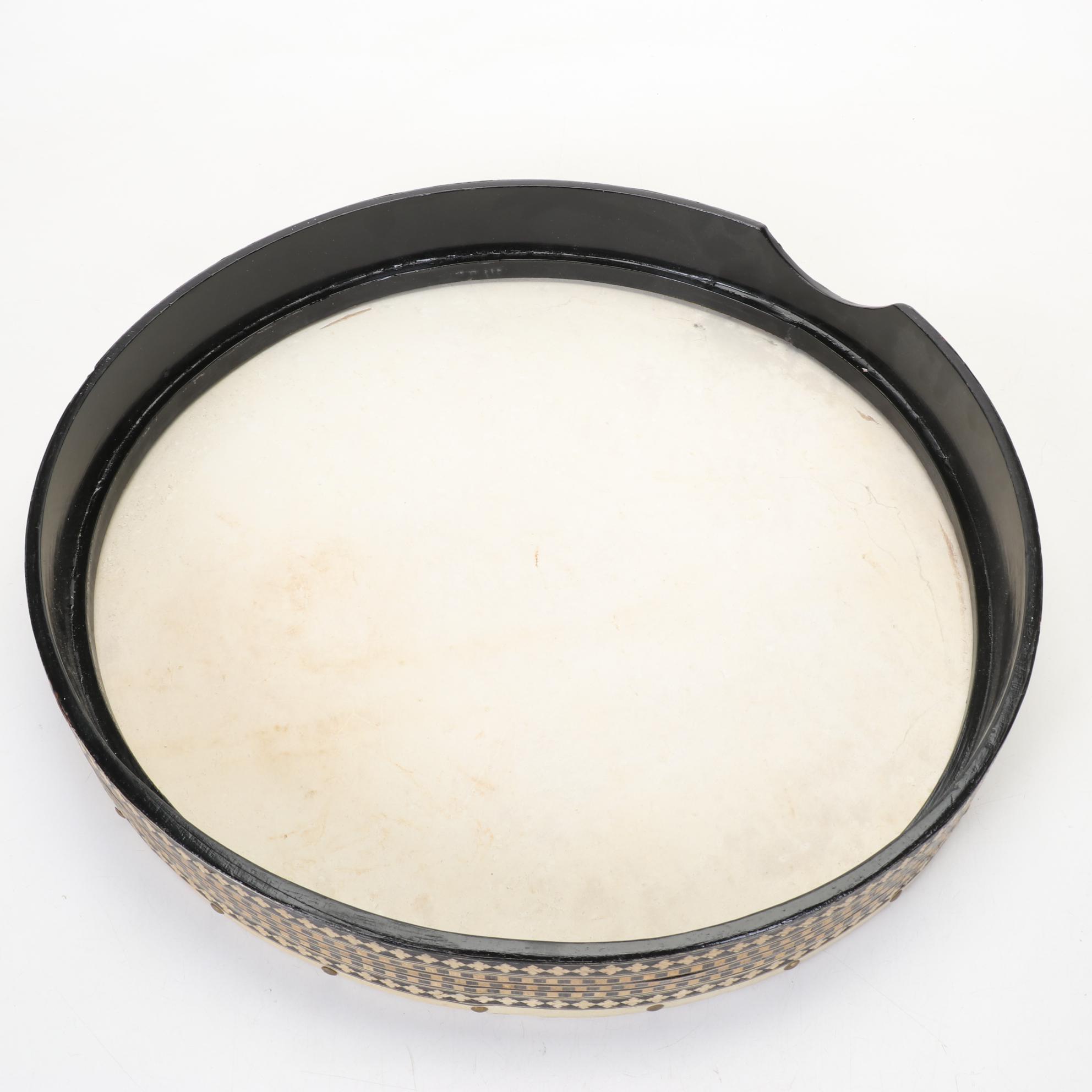 Turkish Bendir Hand Drum with Inlaid Decoration and Carrying Case