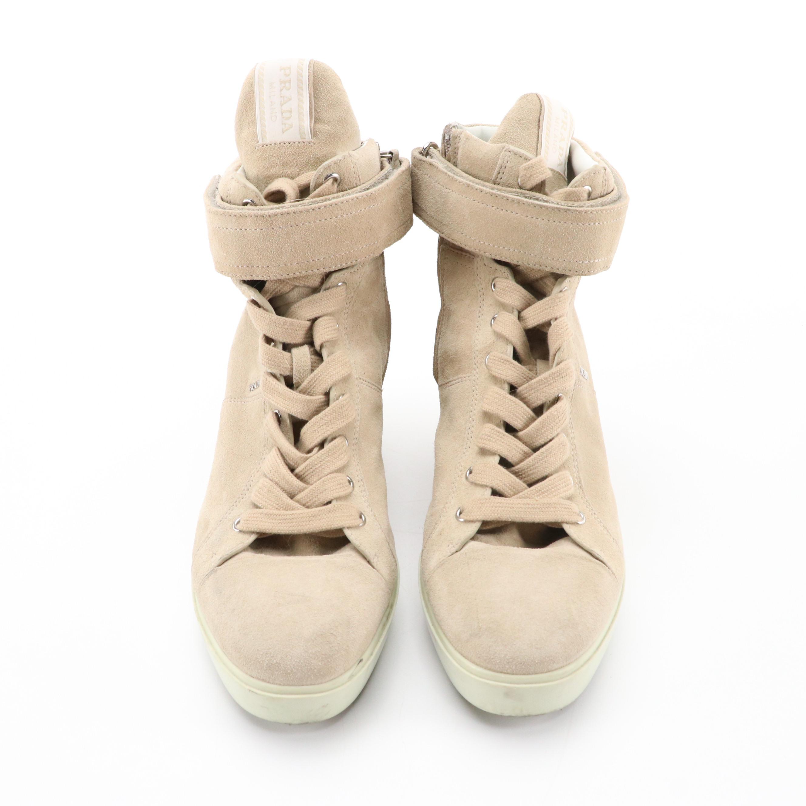 Prada Beige Suede Wedge Boots