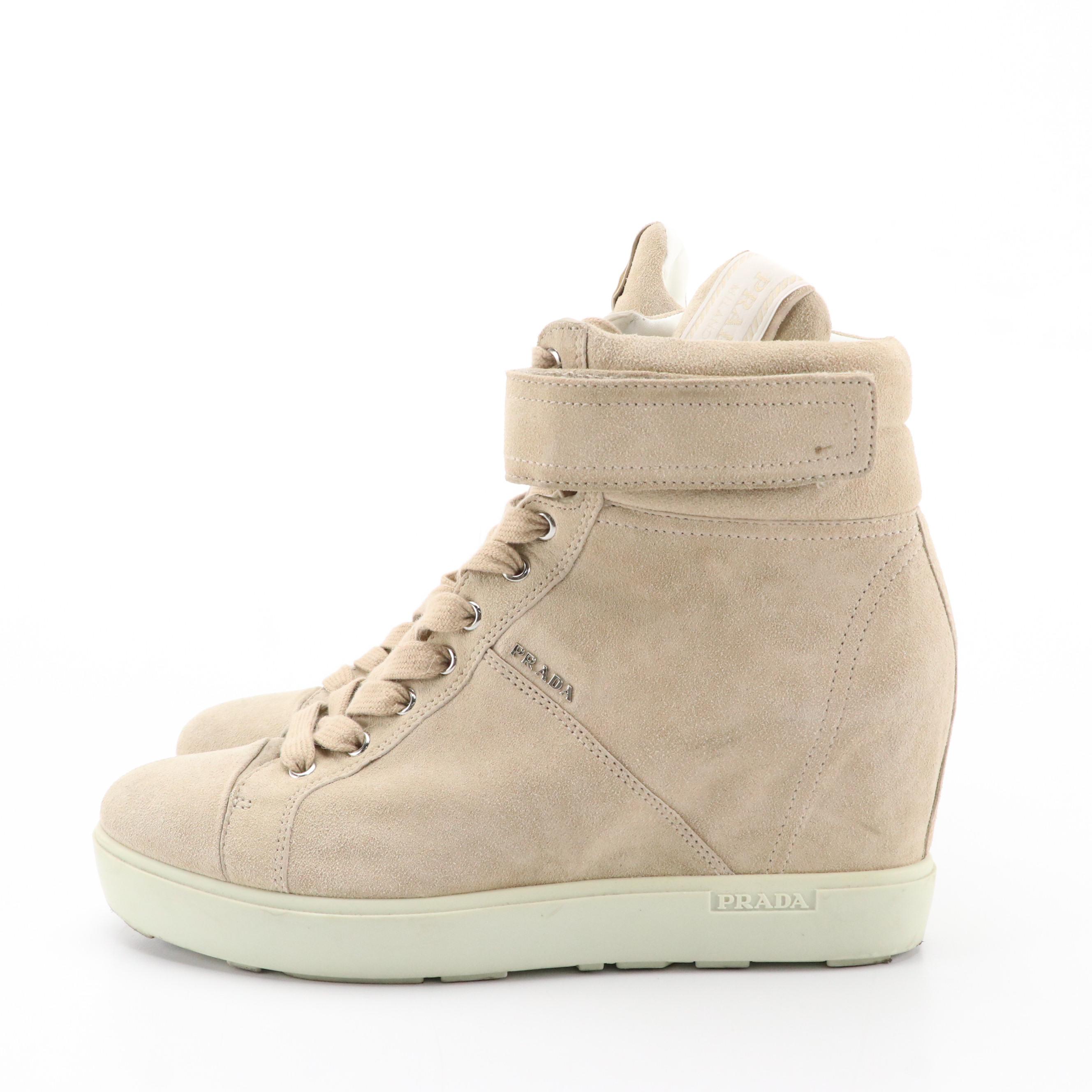 Prada Beige Suede Wedge Boots