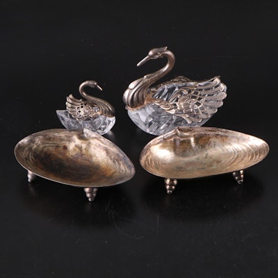 Swan Shape Silver Plate and Glass Salt Cellars with More Table Accessories