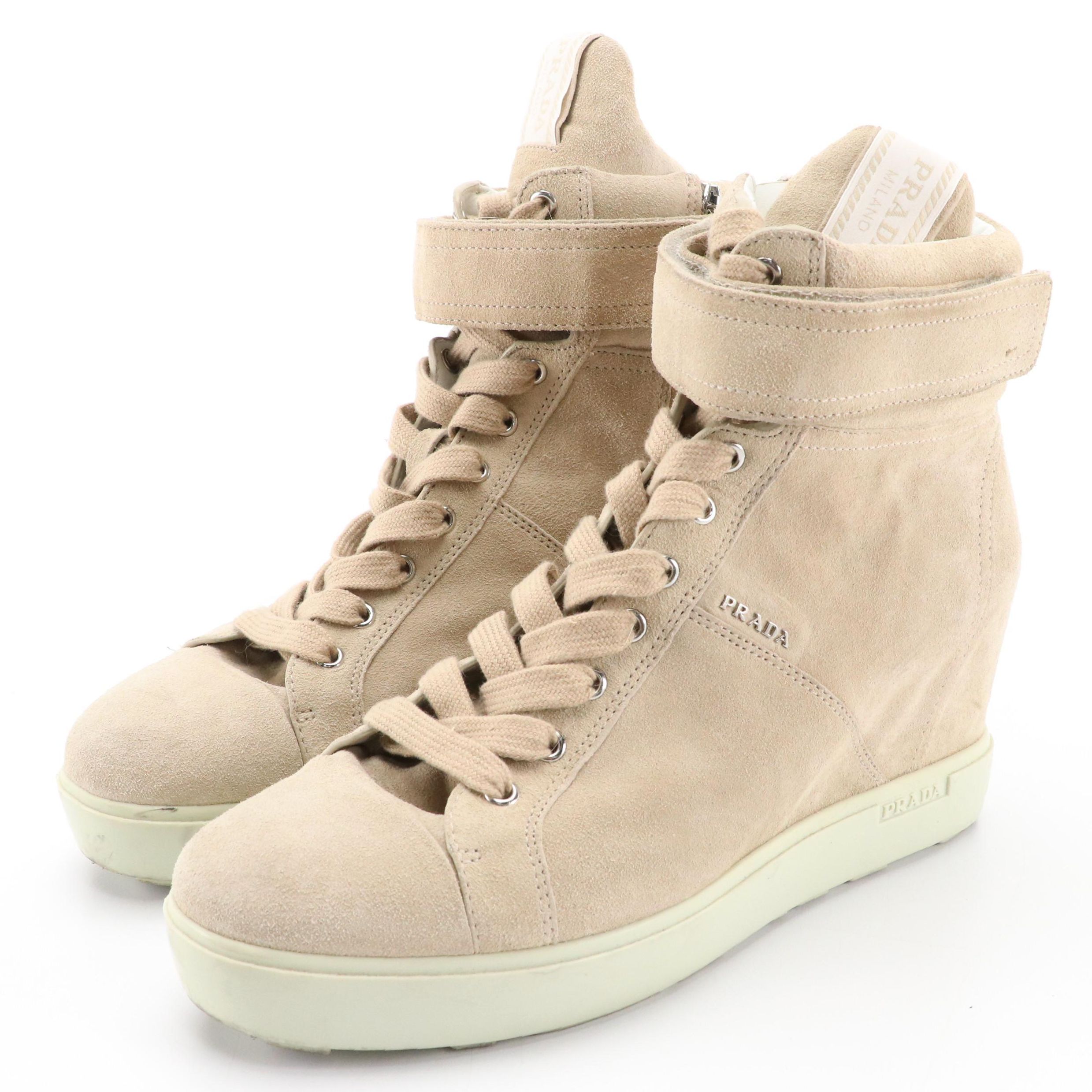 Prada Beige Suede Wedge Boots