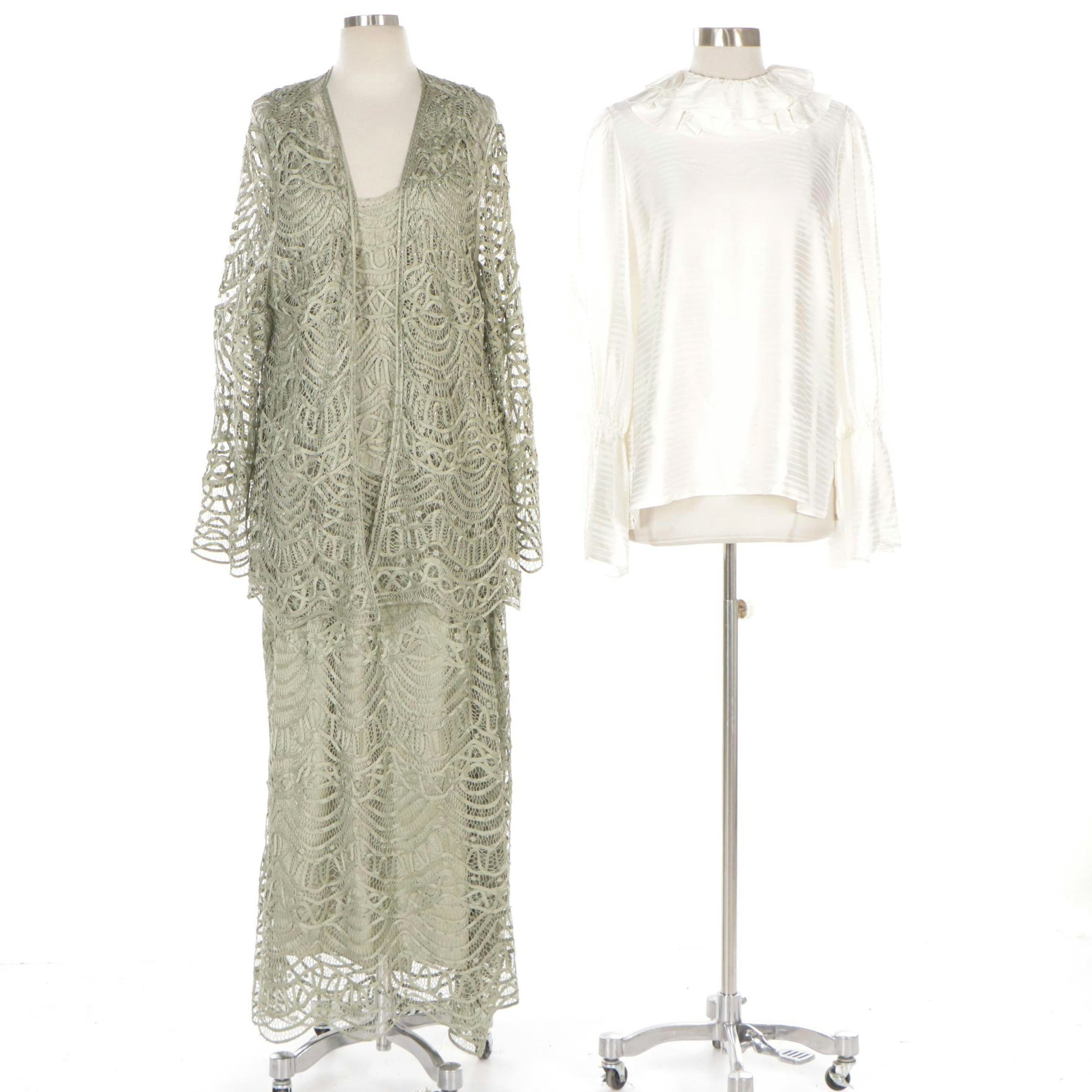 Tory Burch Satin Stripe Ruffle Blouse, New with Tag & Soulmates Three-Piece Set