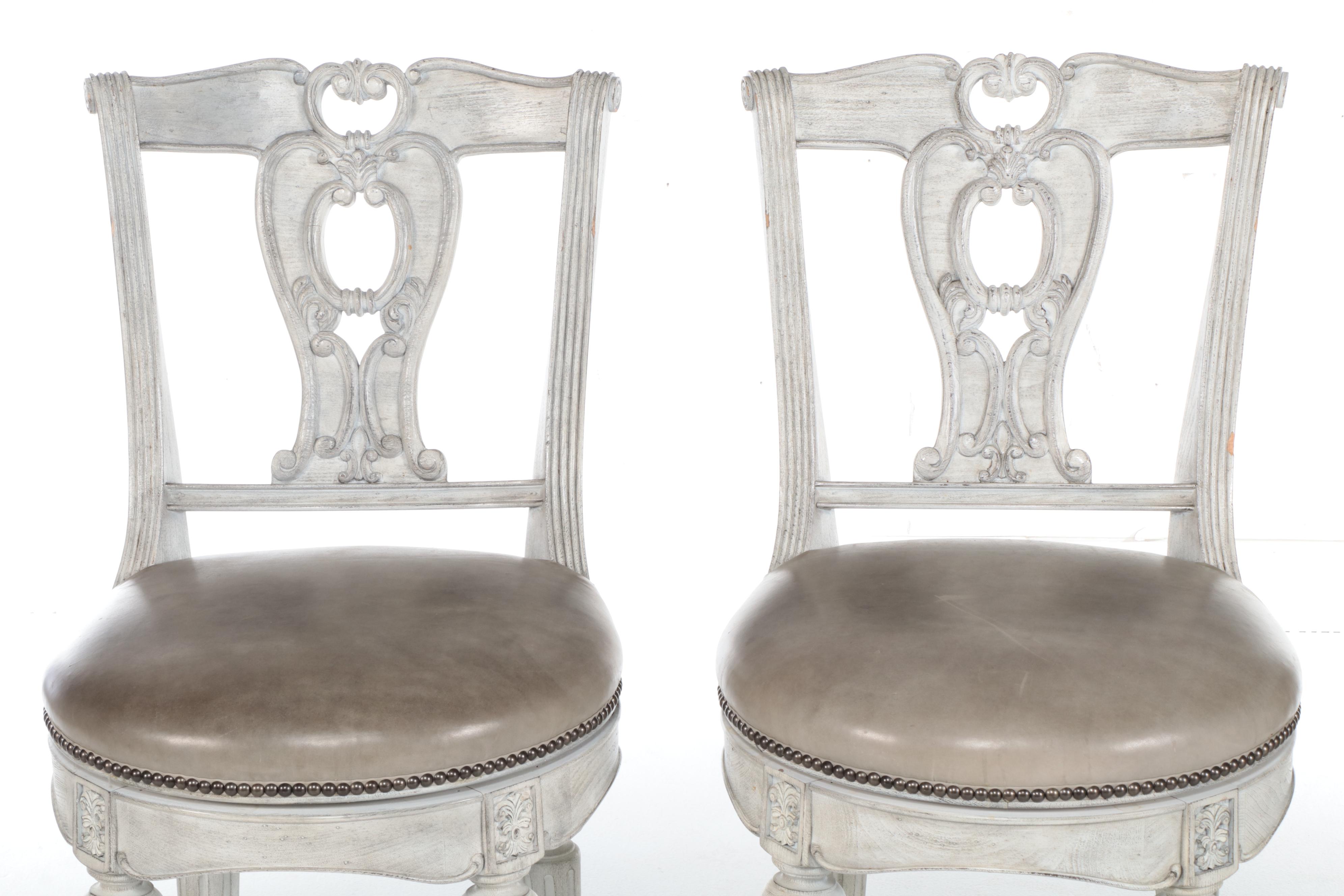 Two Pairs of Frontgate Cerused Hardwood and Leather Swivel Bar Stools