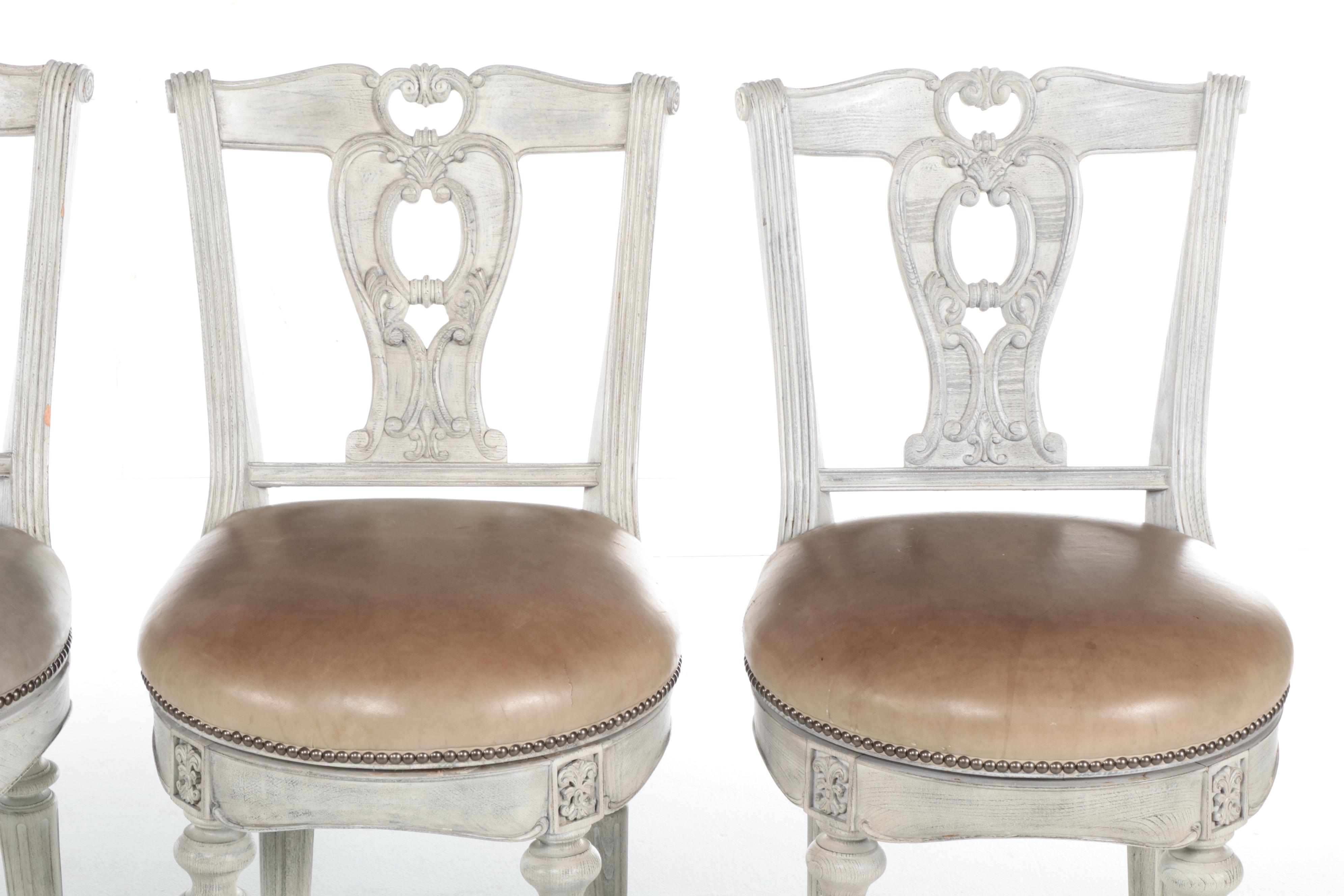 Two Pairs of Frontgate Cerused Hardwood and Leather Swivel Bar Stools