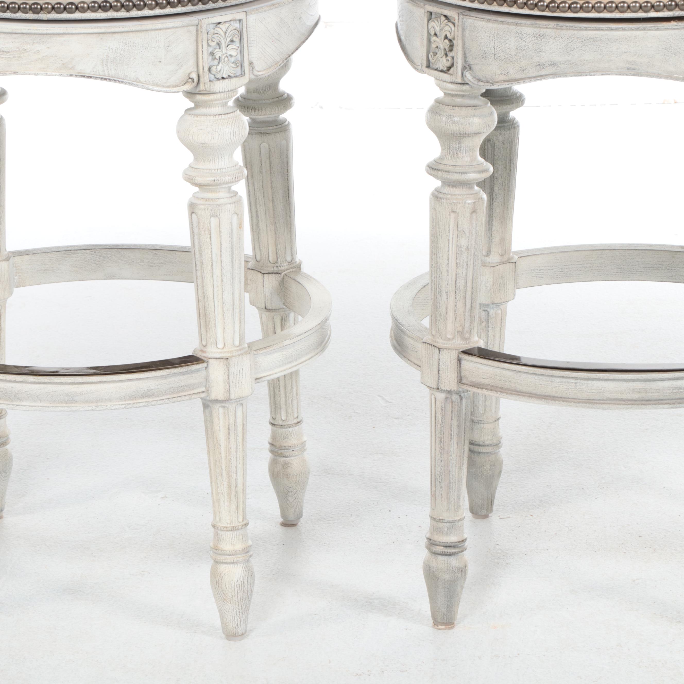 Two Pairs of Frontgate Cerused Hardwood and Leather Swivel Bar Stools