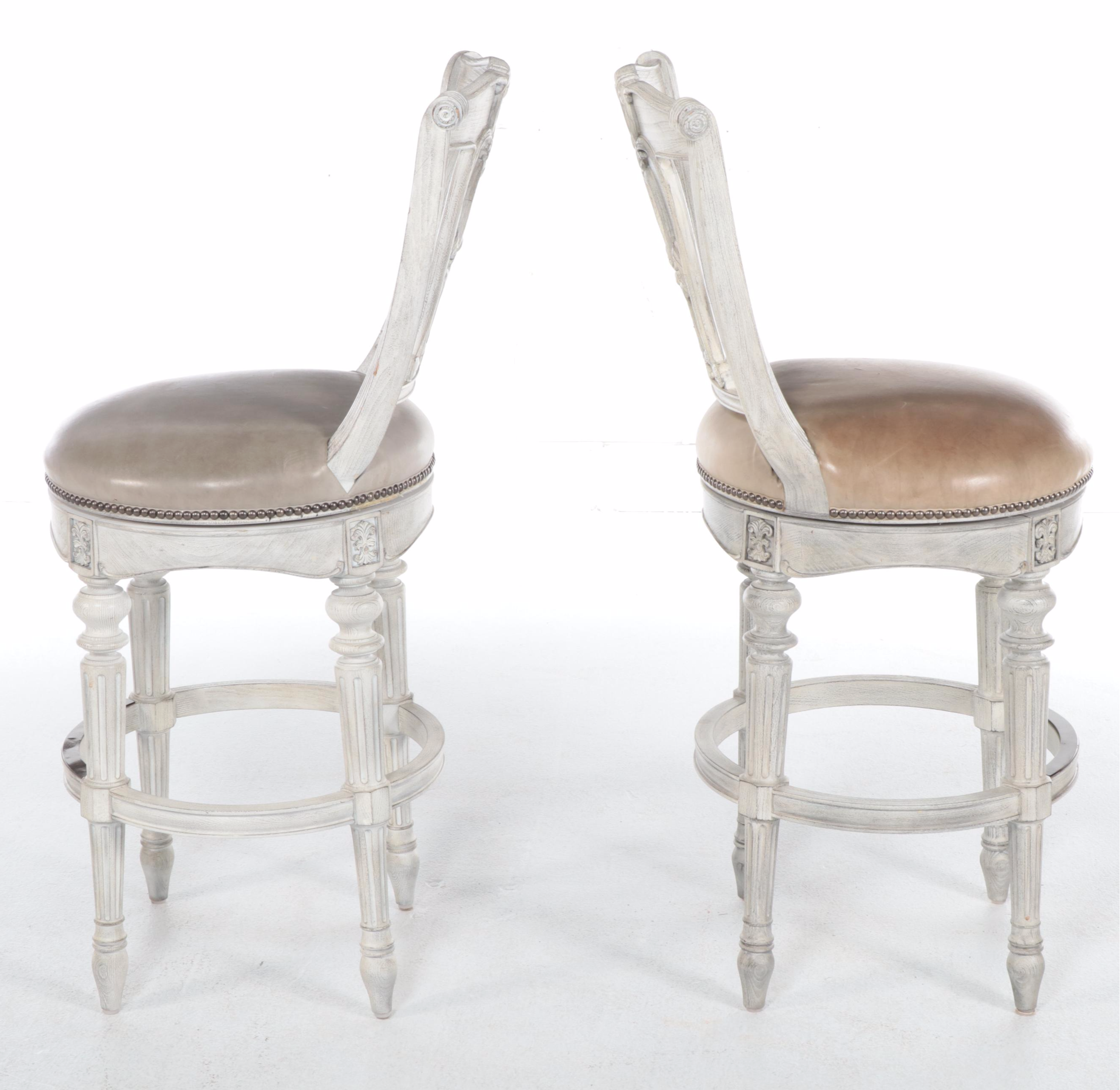 Two Pairs of Frontgate Cerused Hardwood and Leather Swivel Bar Stools