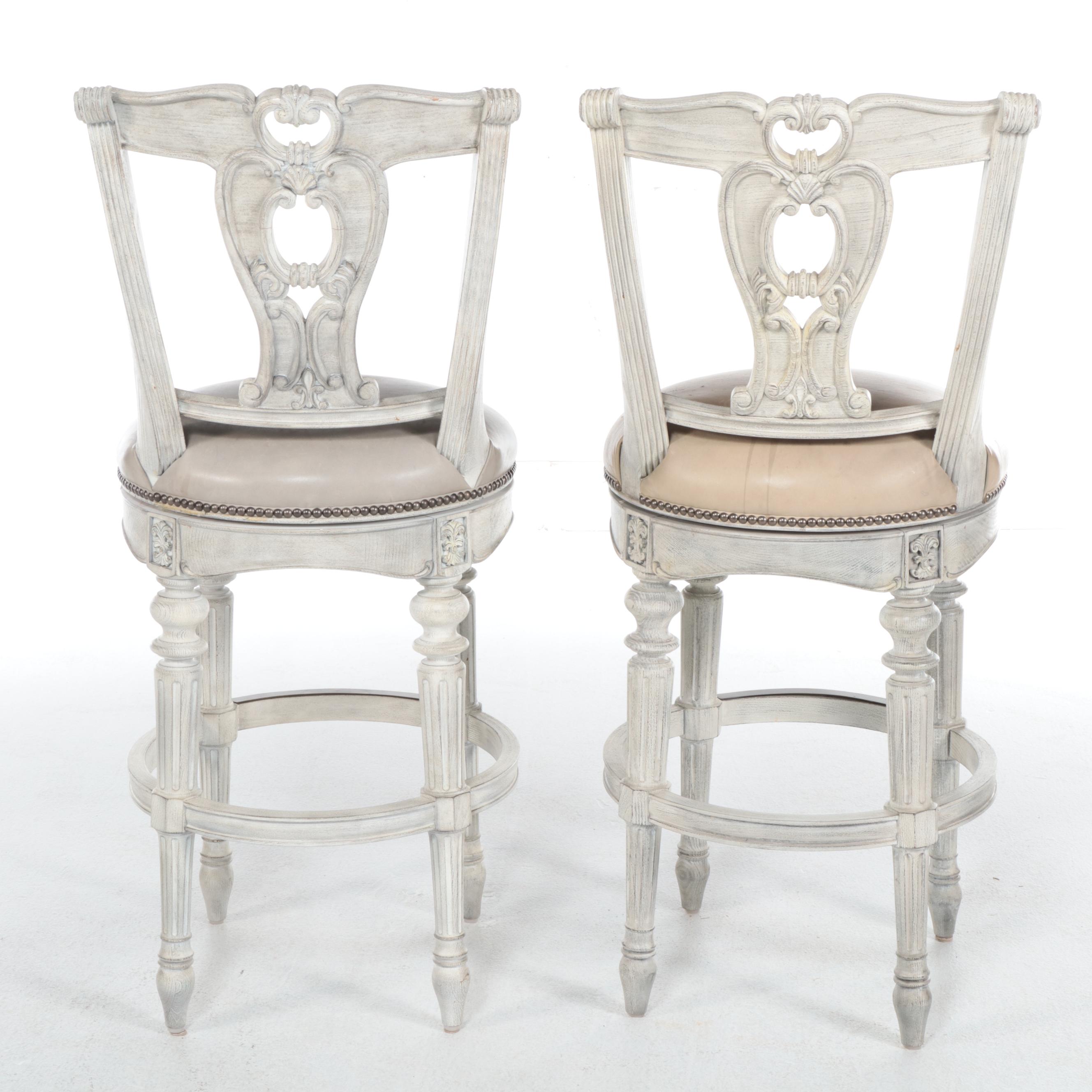 Two Pairs of Frontgate Cerused Hardwood and Leather Swivel Bar Stools