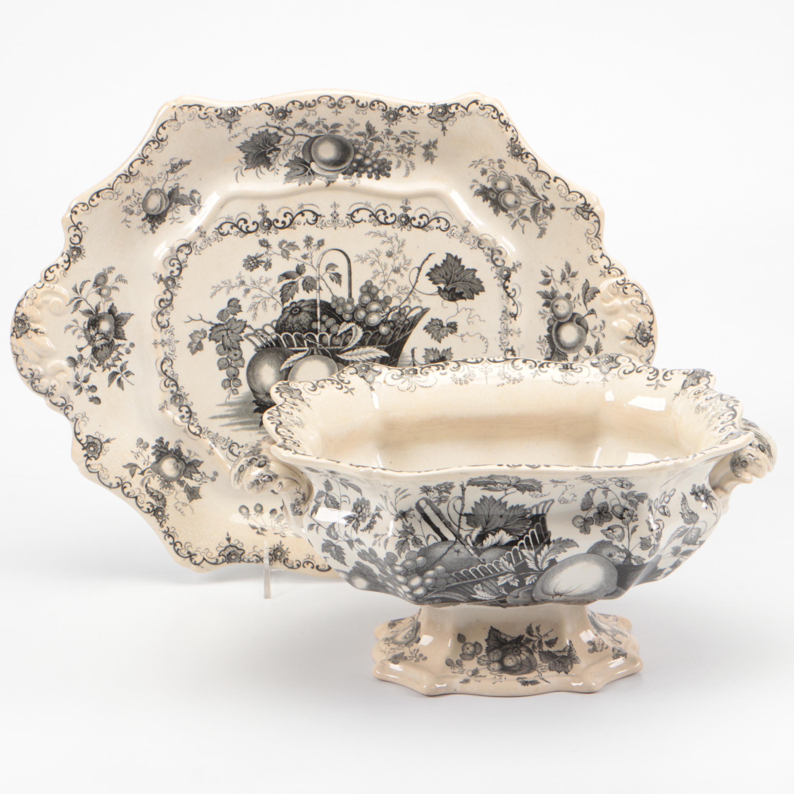 English Ironstone Black Transferware "Fruit Basket" Footed Bowl and Underplate
