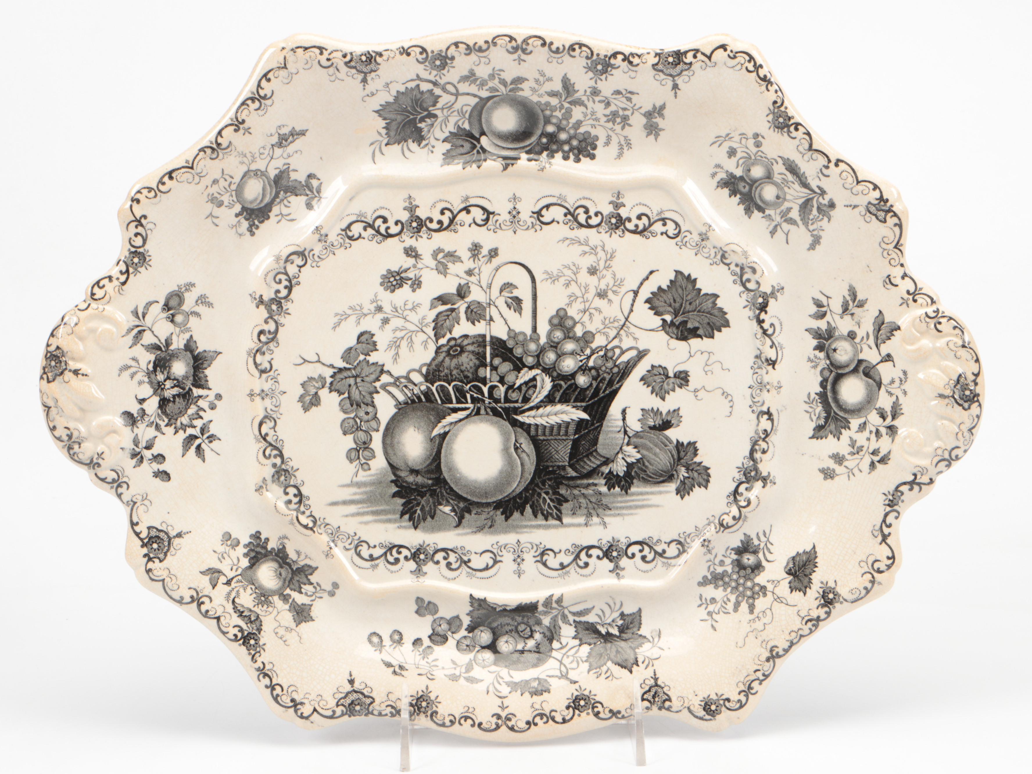 English Ironstone Black Transferware "Fruit Basket" Footed Bowl and Underplate