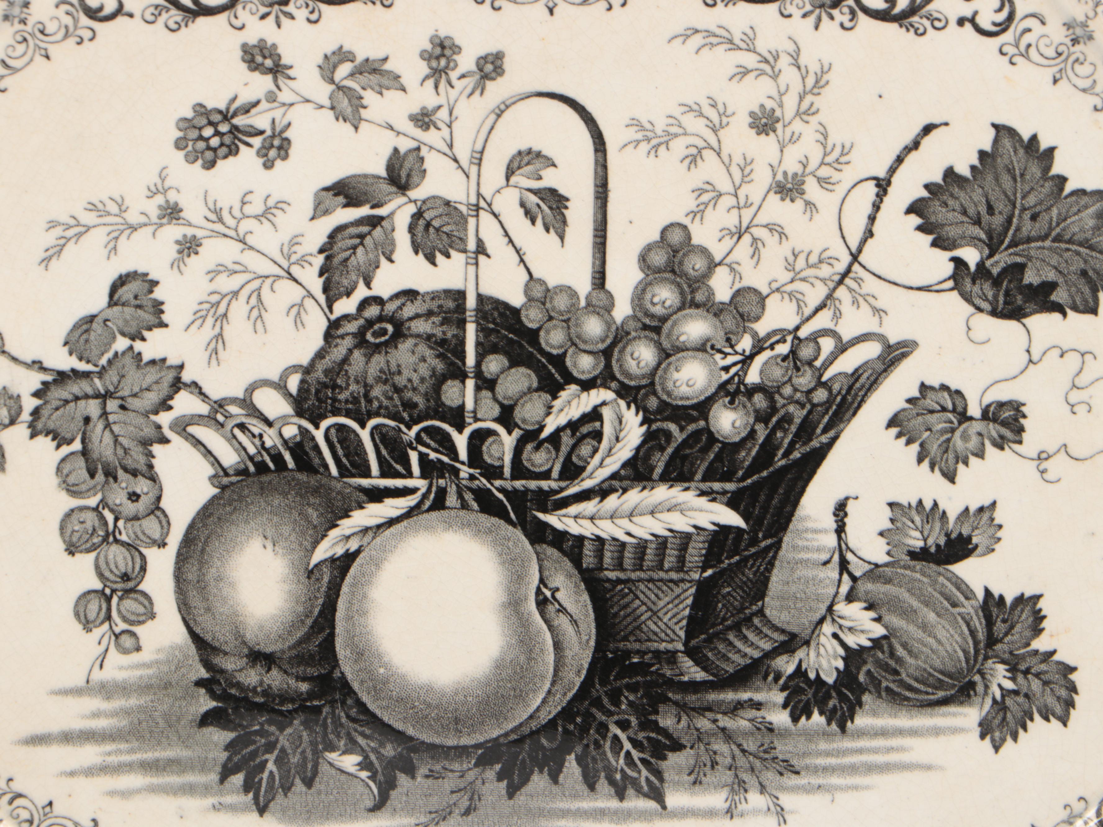 English Ironstone Black Transferware "Fruit Basket" Footed Bowl and Underplate