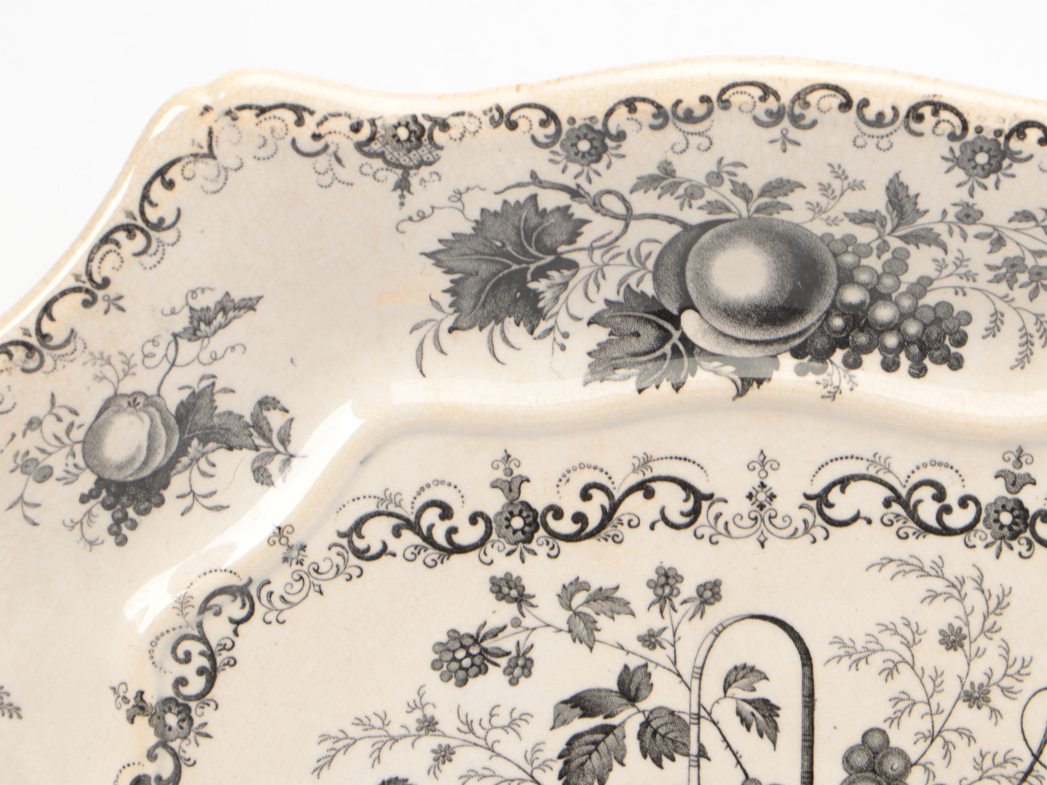 English Ironstone Black Transferware "Fruit Basket" Footed Bowl and Underplate