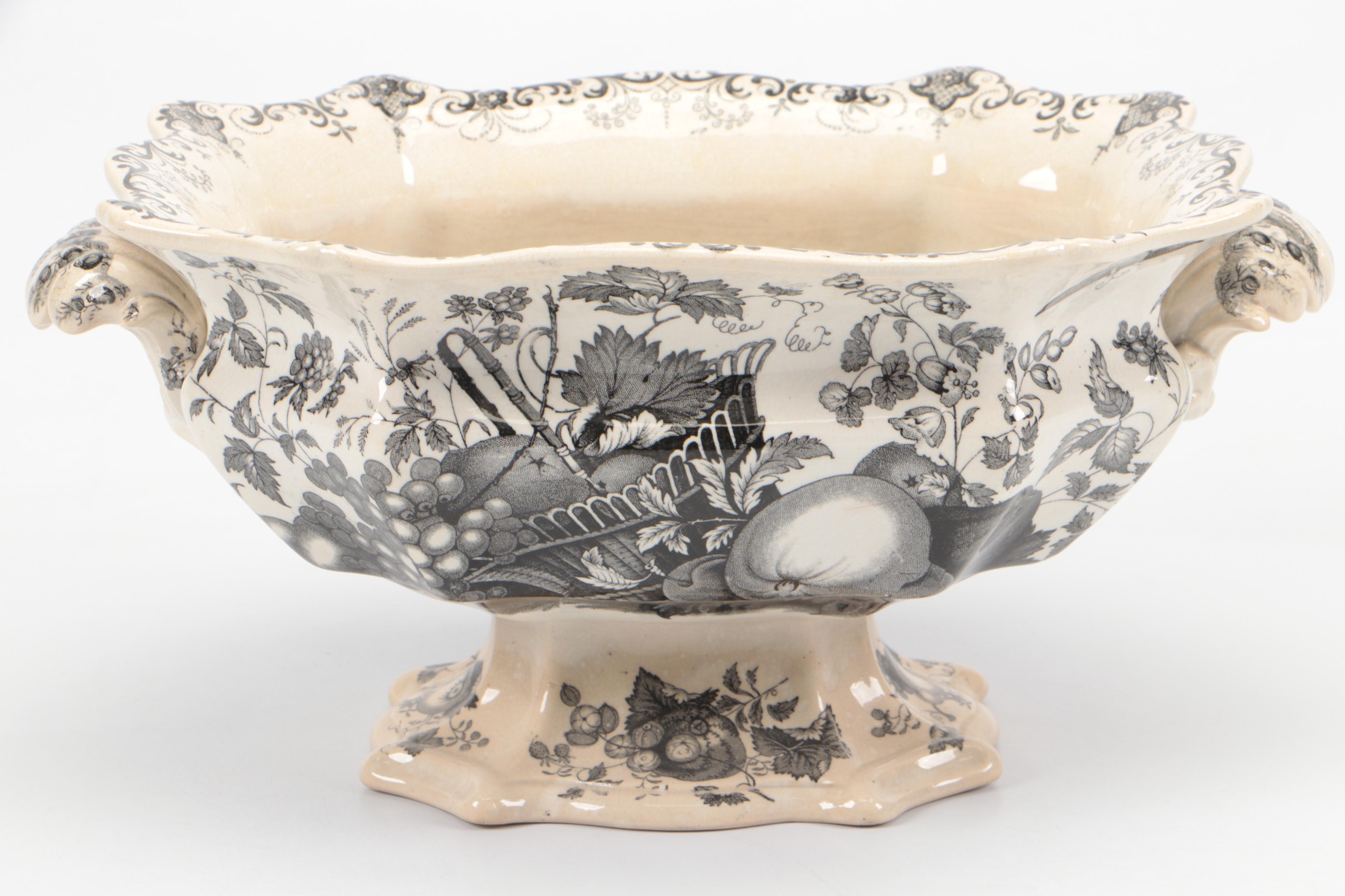 English Ironstone Black Transferware "Fruit Basket" Footed Bowl and Underplate