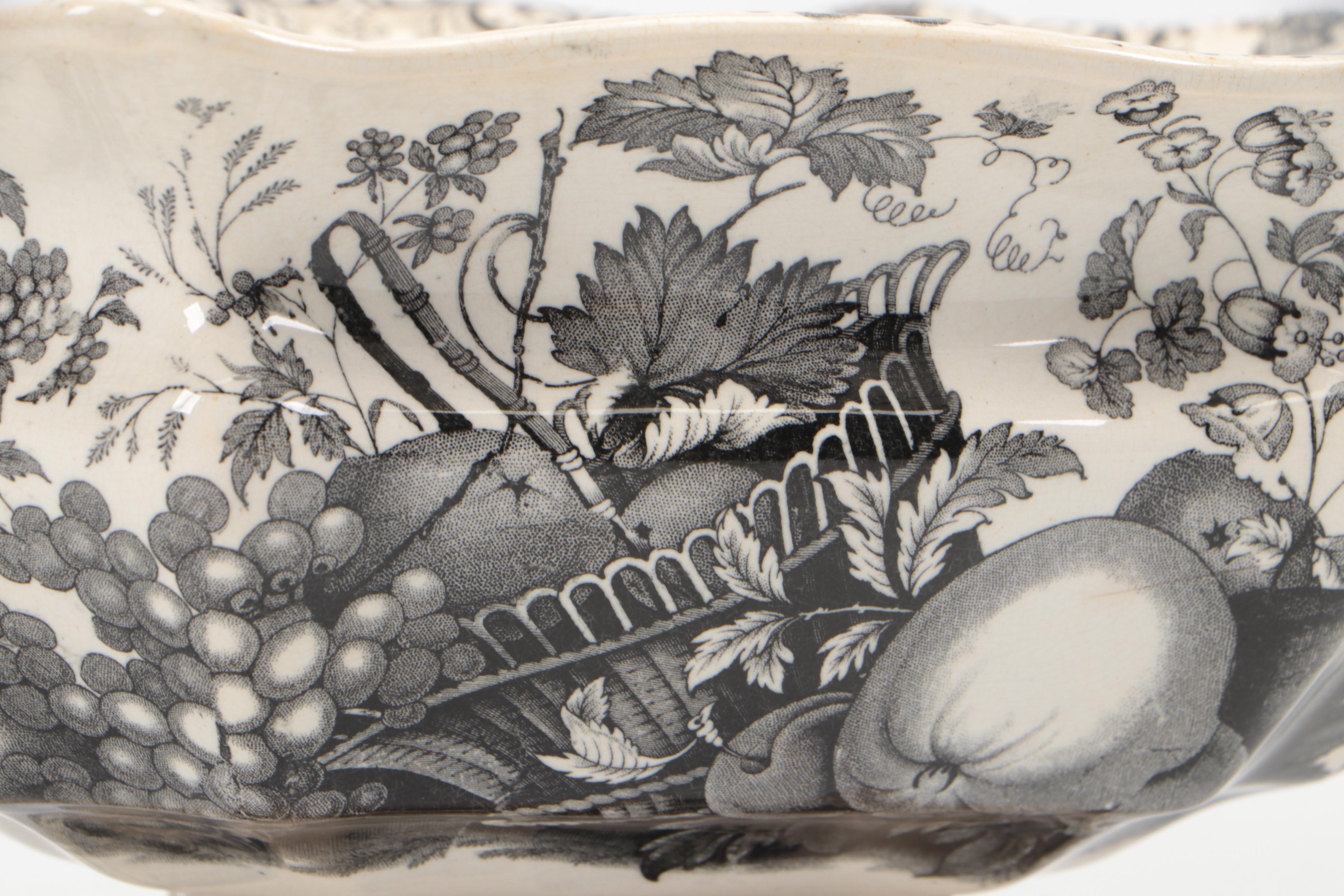 English Ironstone Black Transferware "Fruit Basket" Footed Bowl and Underplate