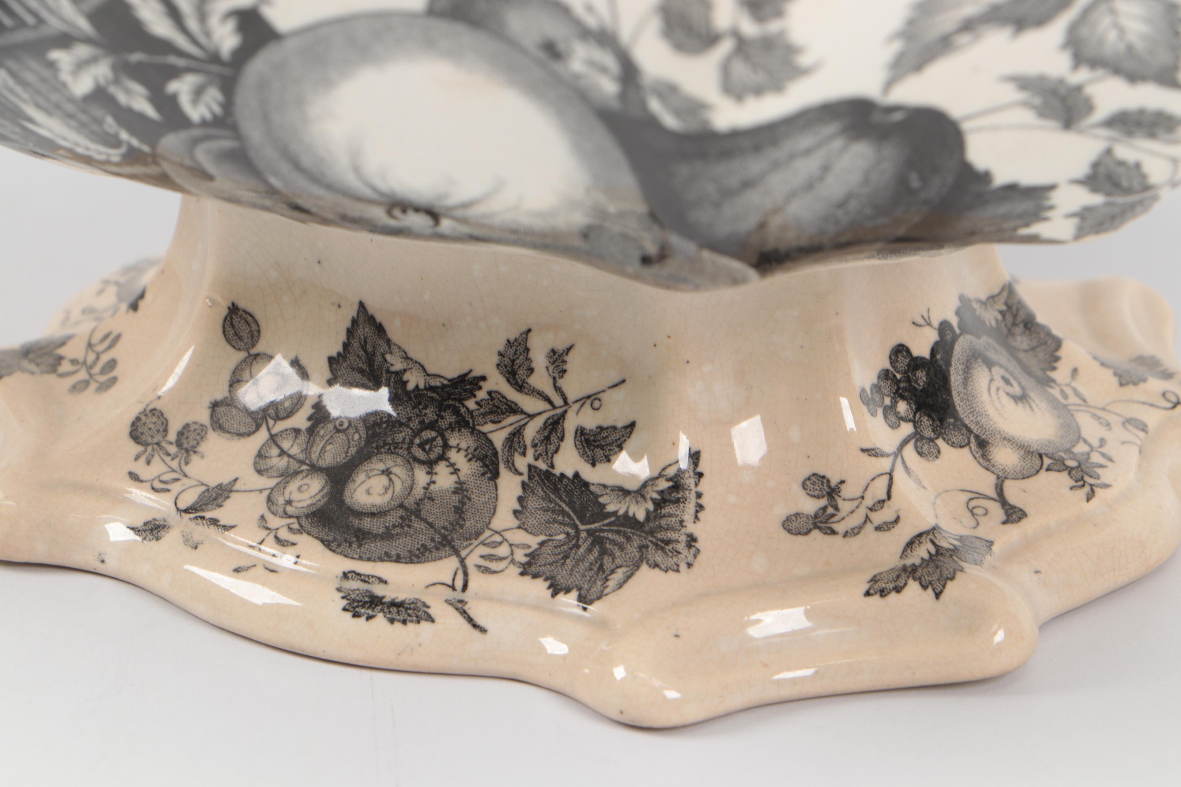 English Ironstone Black Transferware "Fruit Basket" Footed Bowl and Underplate