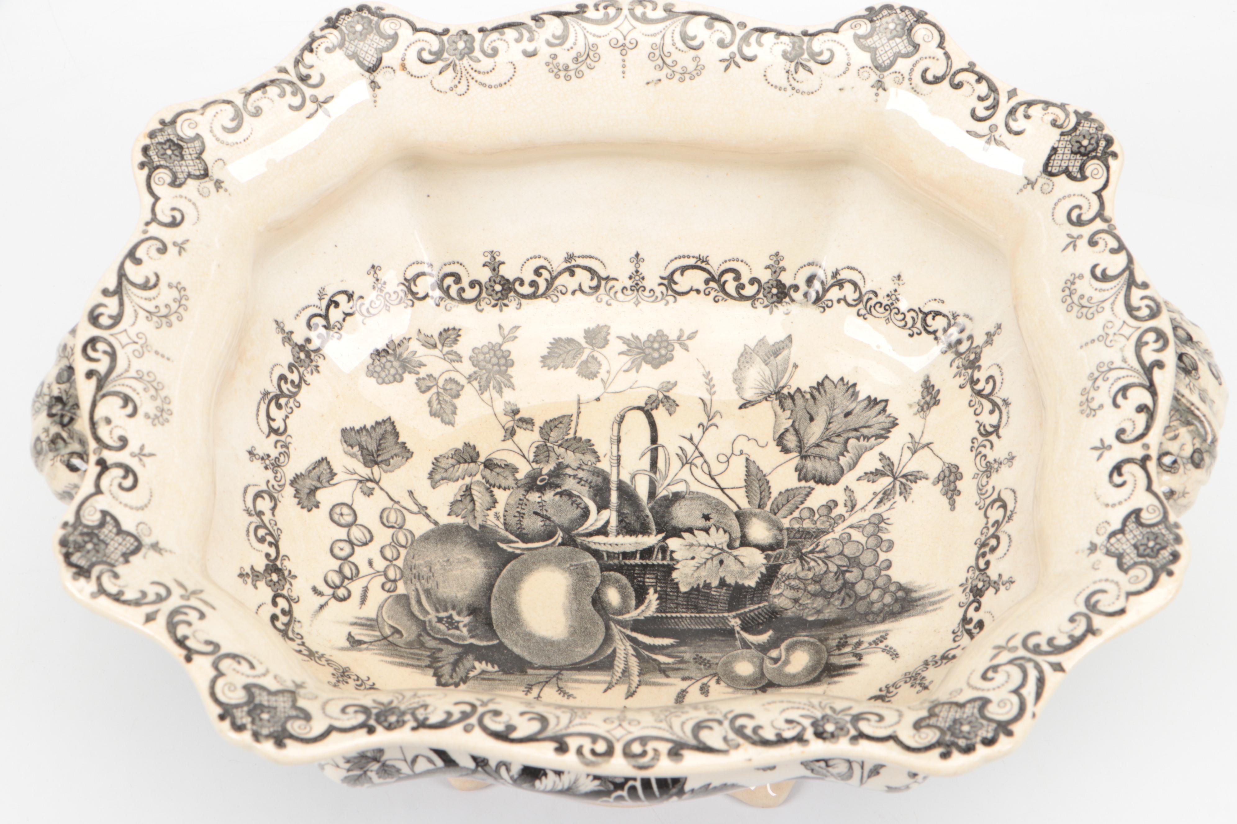English Ironstone Black Transferware "Fruit Basket" Footed Bowl and Underplate