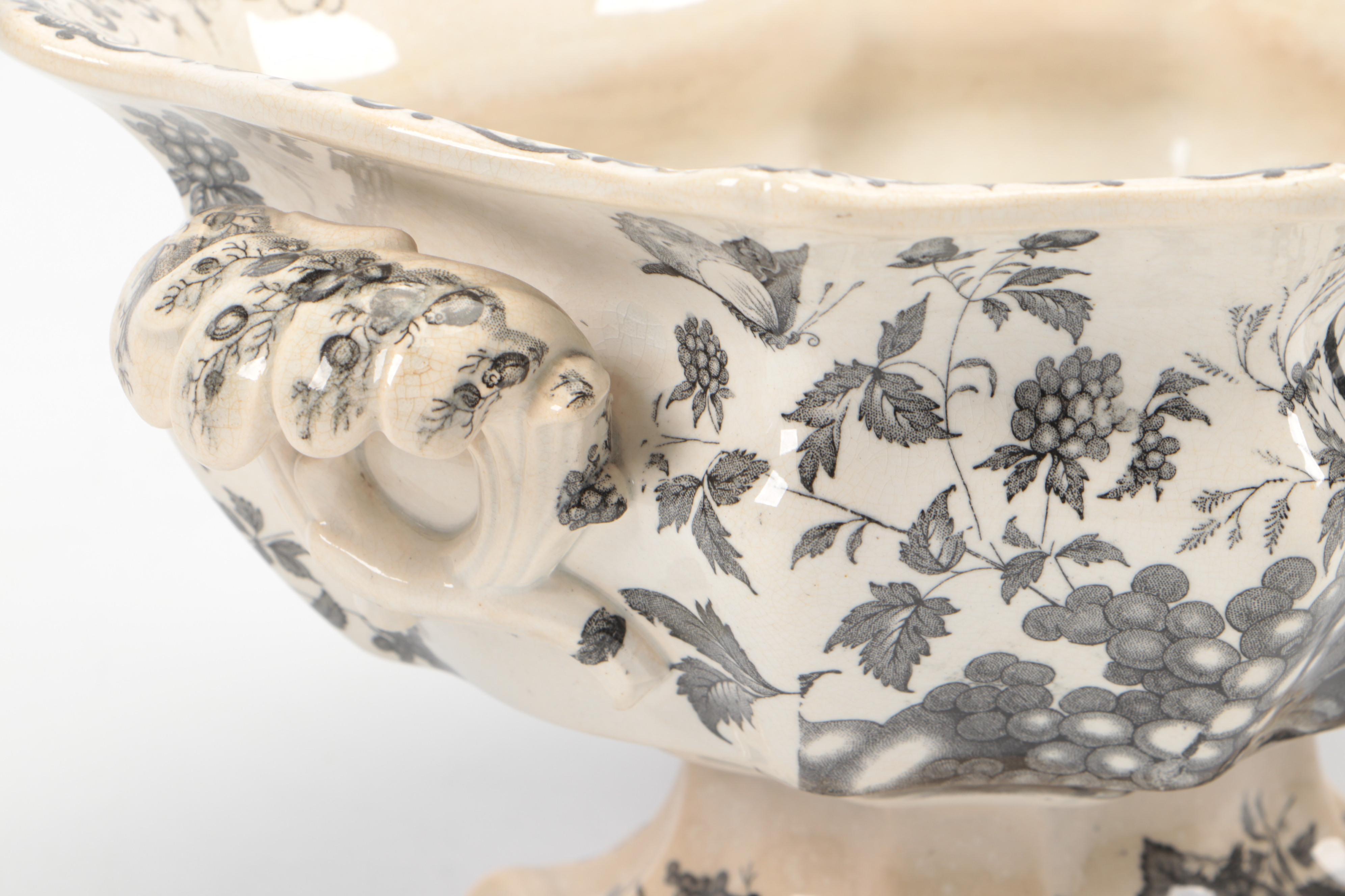 English Ironstone Black Transferware "Fruit Basket" Footed Bowl and Underplate