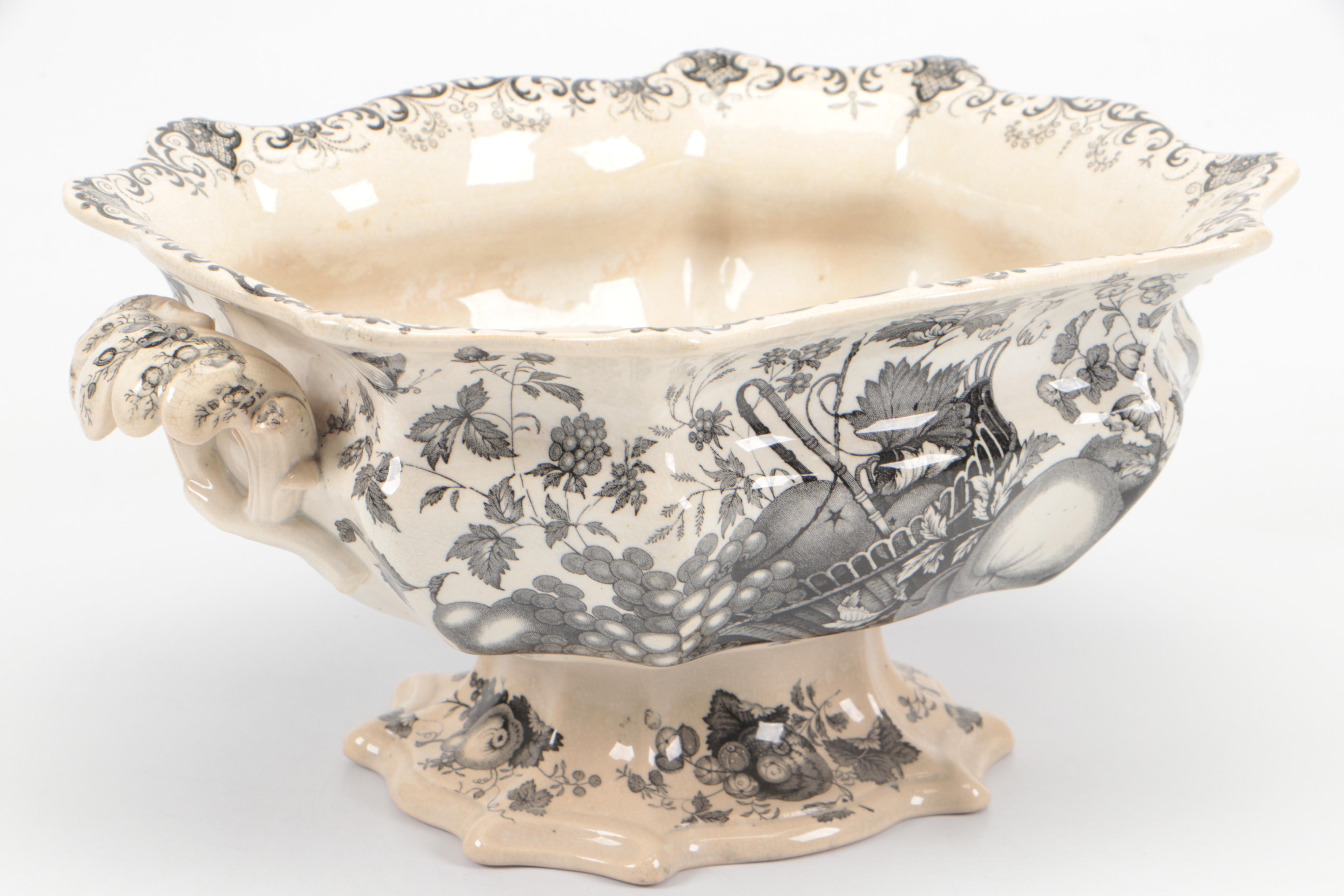 English Ironstone Black Transferware "Fruit Basket" Footed Bowl and Underplate