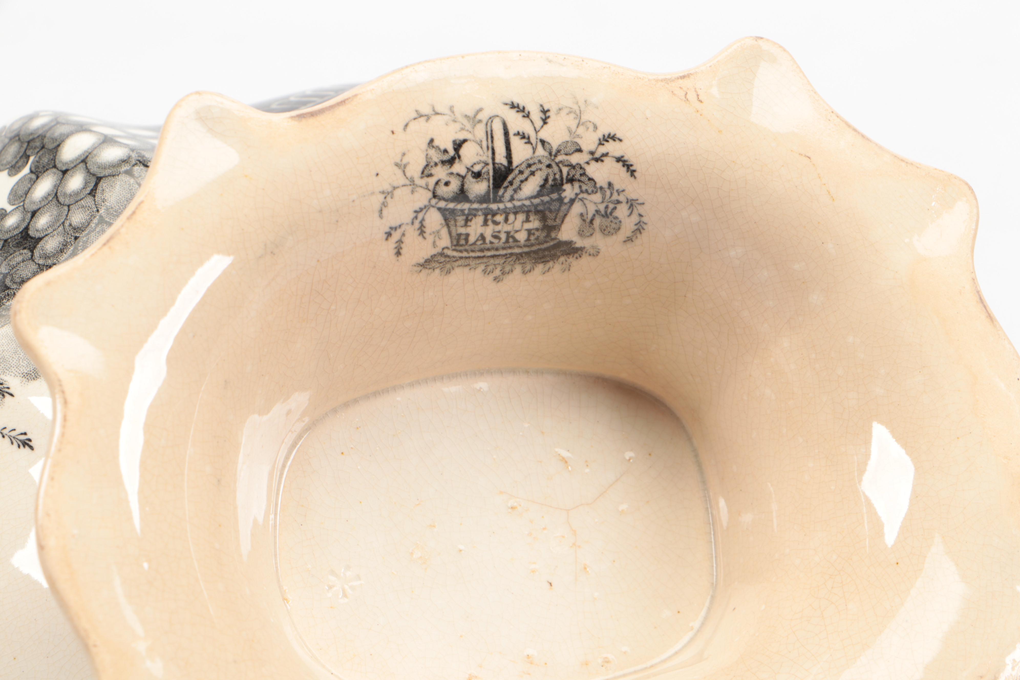 English Ironstone Black Transferware "Fruit Basket" Footed Bowl and Underplate