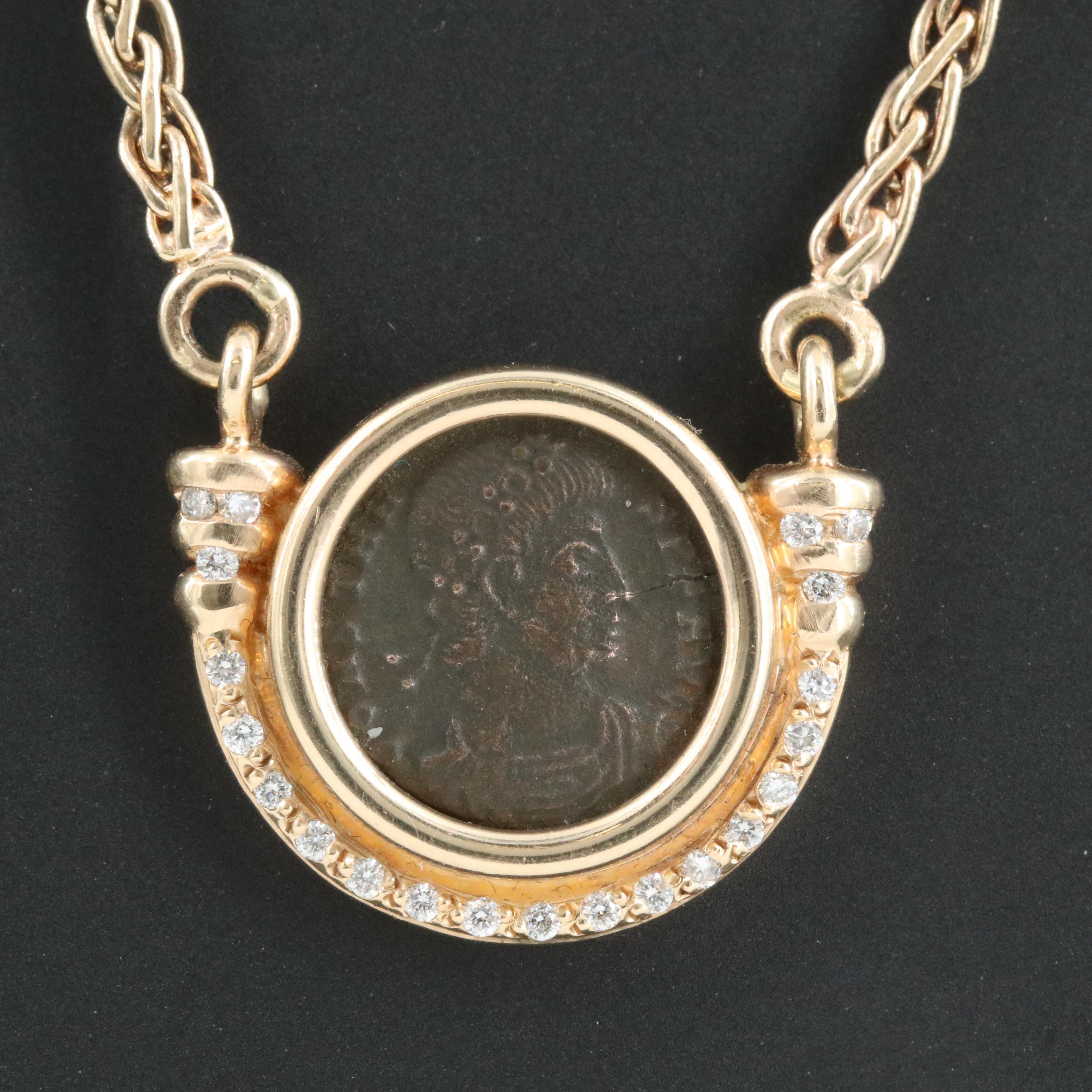 14K 0.31 CTW Diamond Necklace with Ancient Roman Follis Coin of Constans I