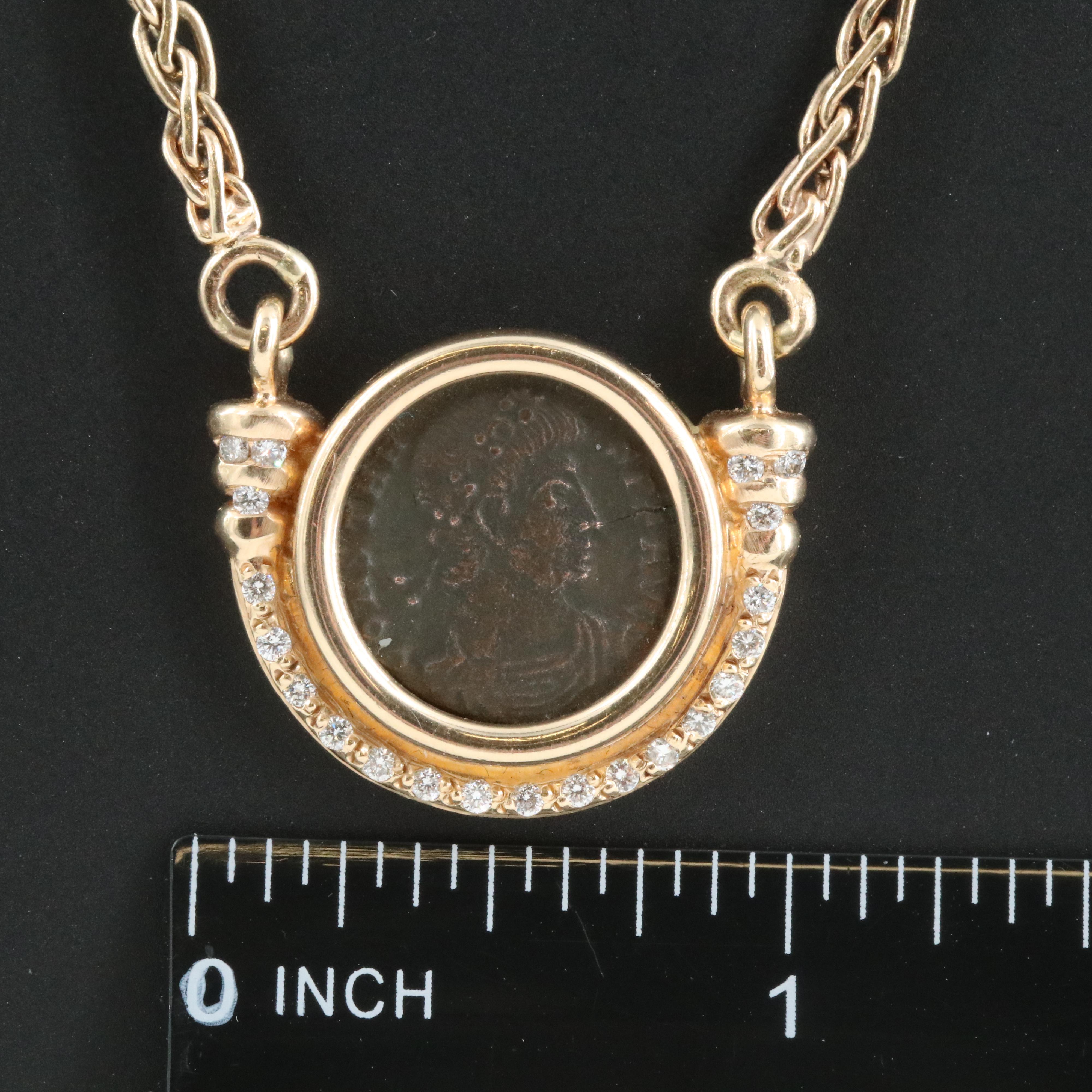 14K 0.31 CTW Diamond Necklace with Ancient Roman Follis Coin of Constans I
