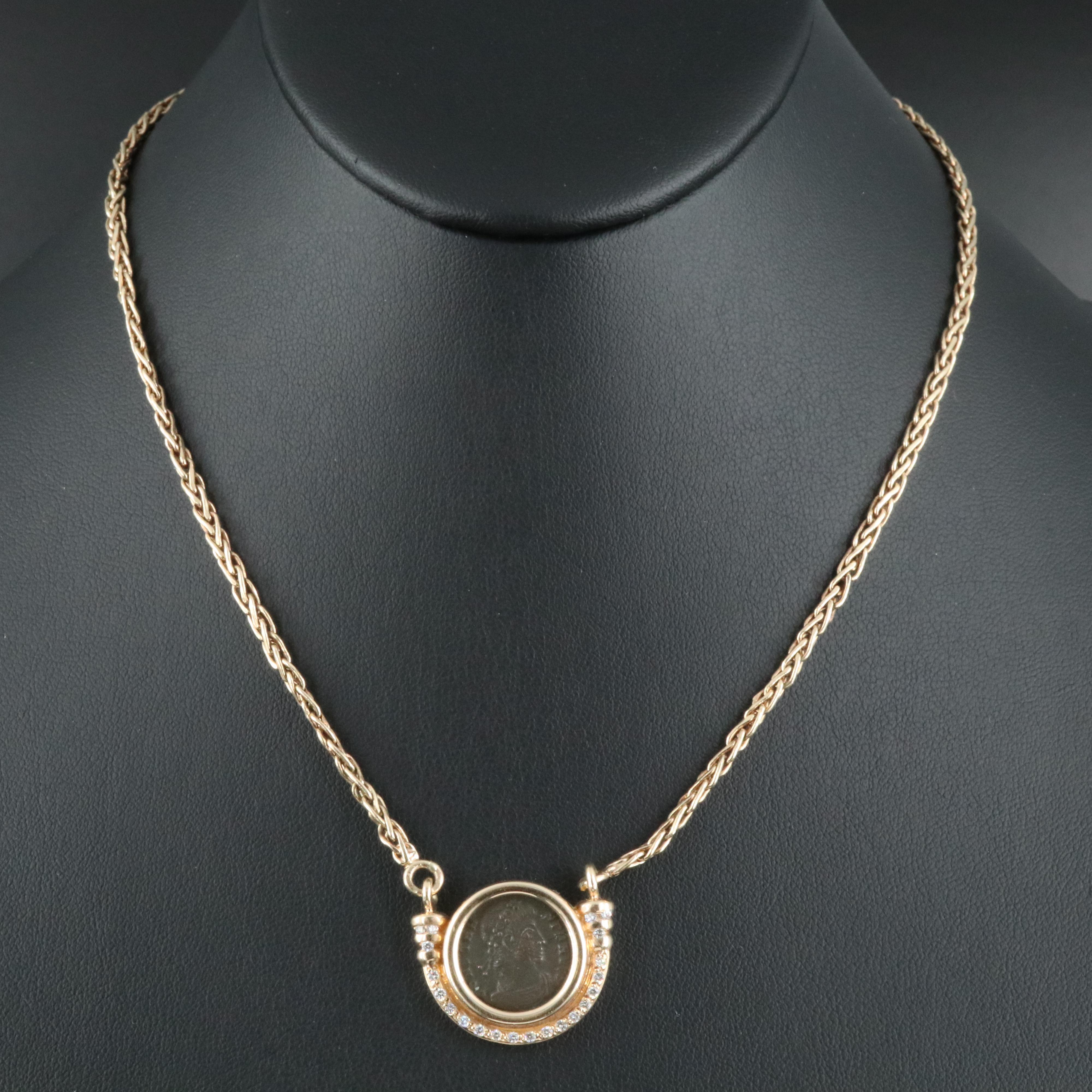 14K 0.31 CTW Diamond Necklace with Ancient Roman Follis Coin of Constans I