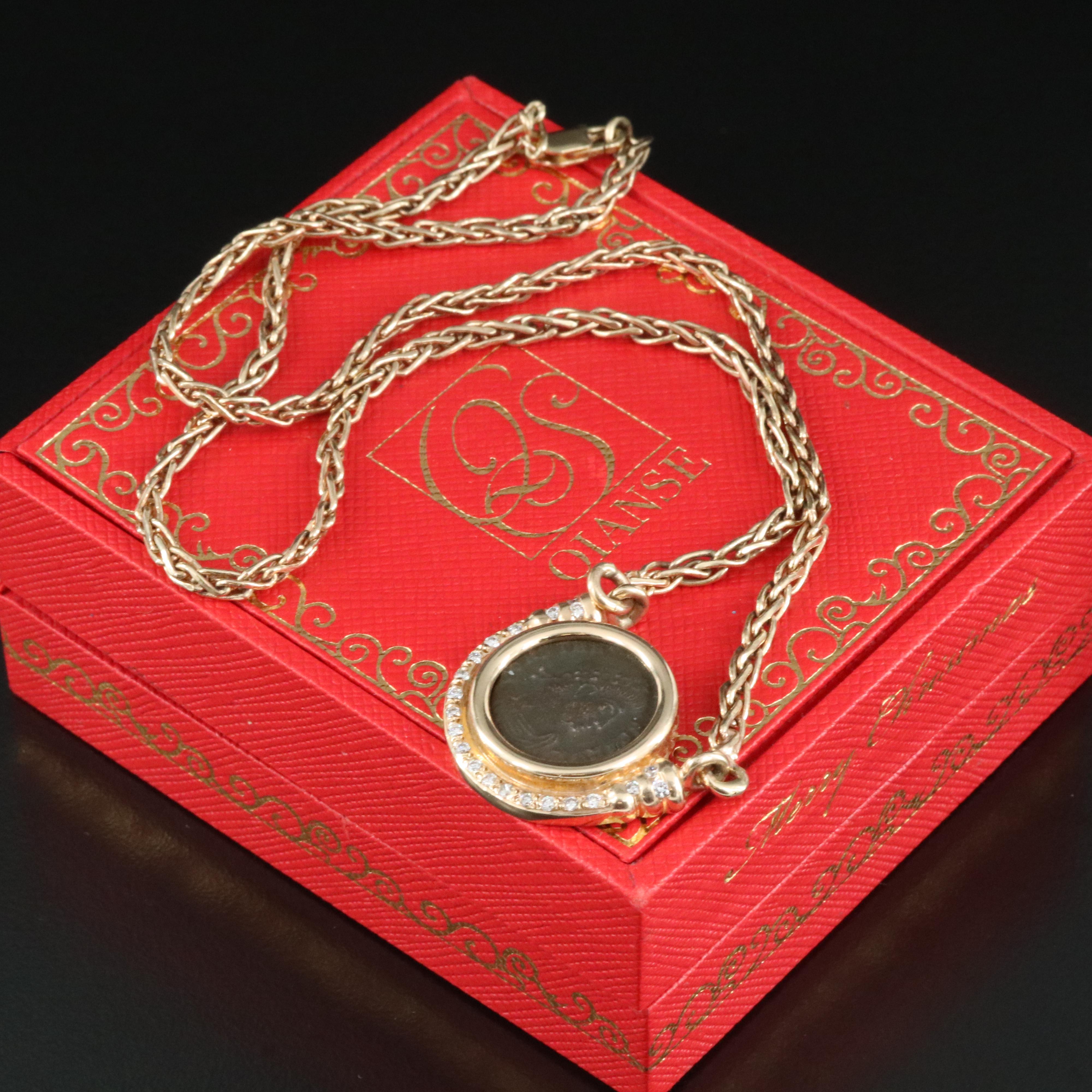 14K 0.31 CTW Diamond Necklace with Ancient Roman Follis Coin of Constans I