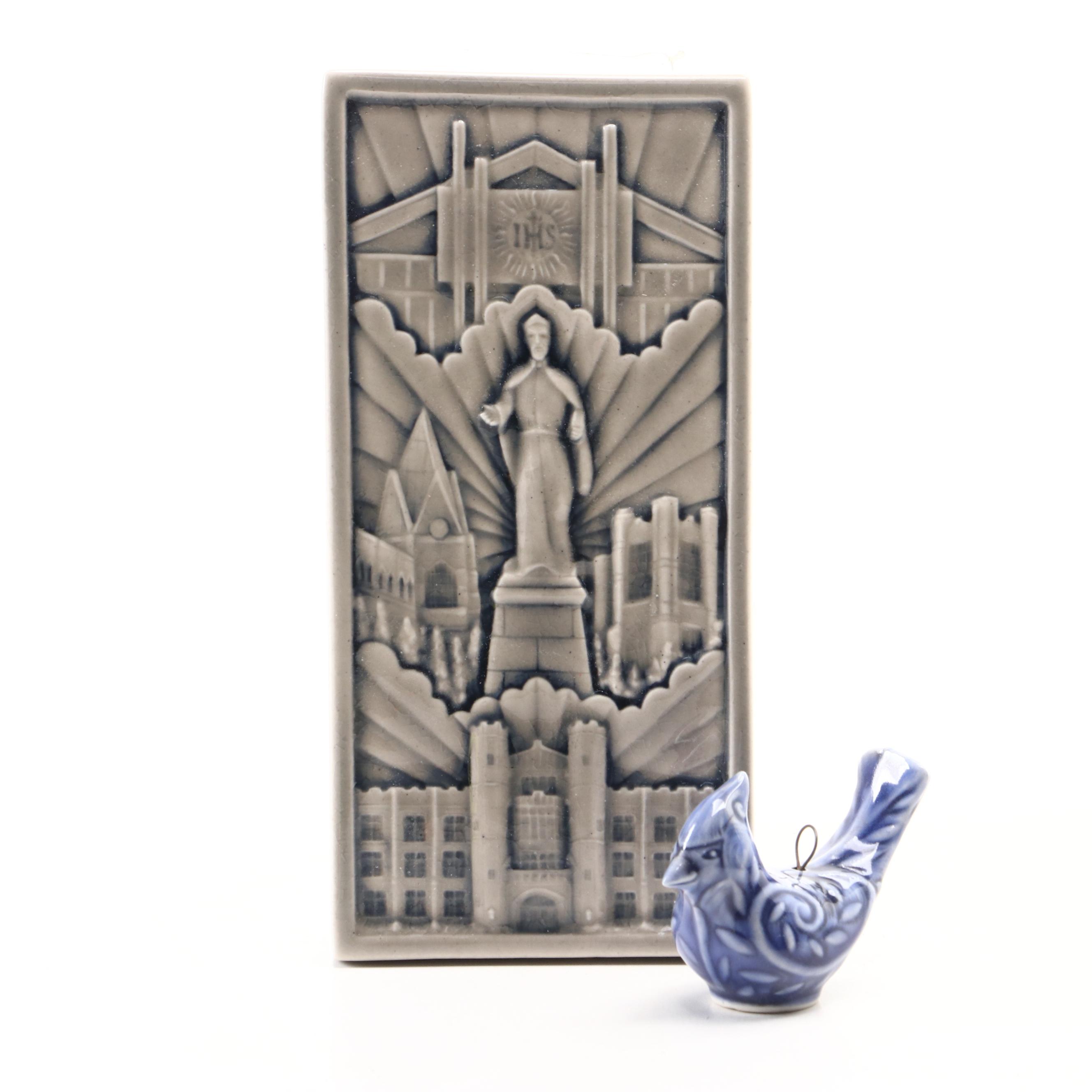 Rookwood Pottery "Together for Others" Xavier University Tile with Bird Ornament