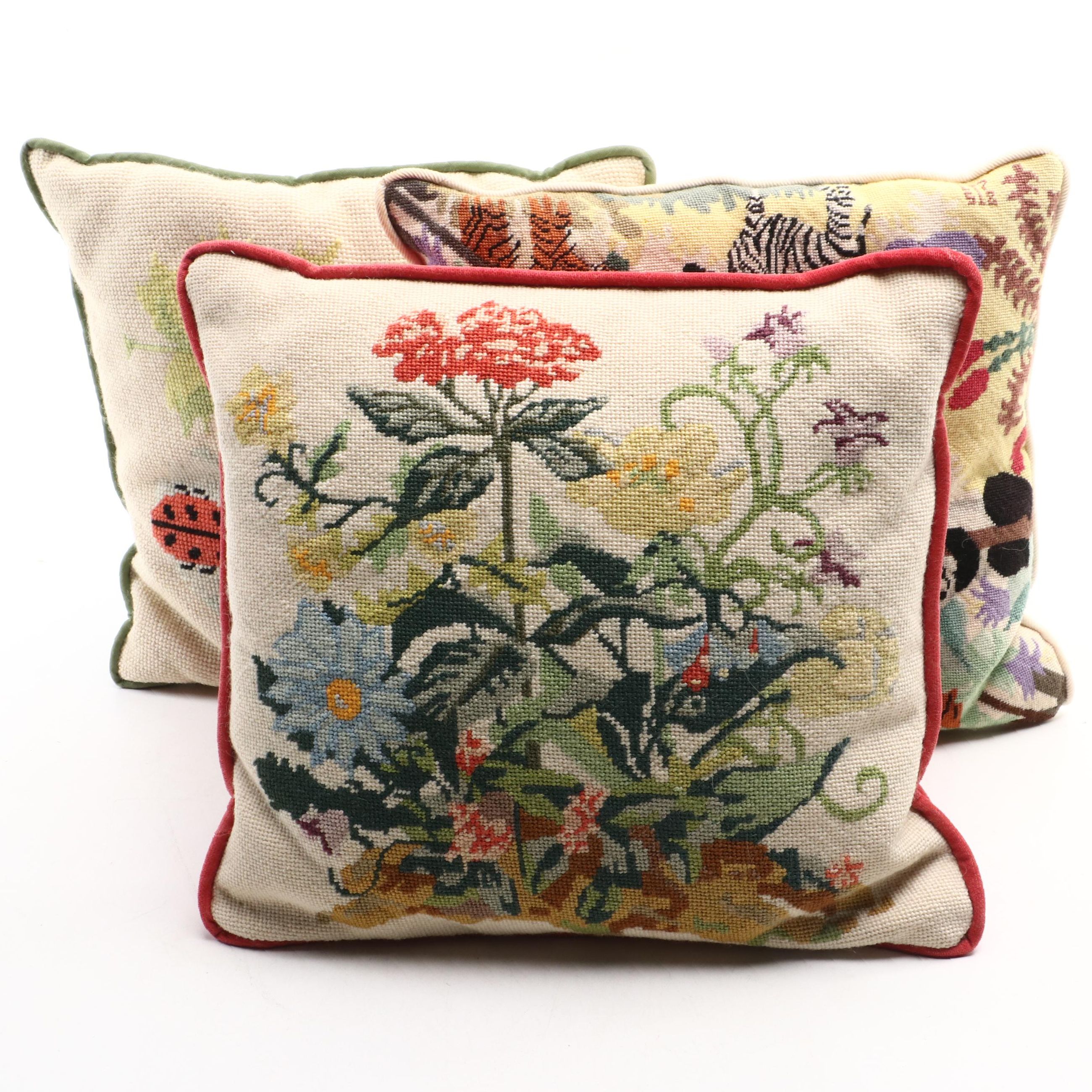 Handmade Needlepoint Throw Pillows with Animal and Floral Motifs