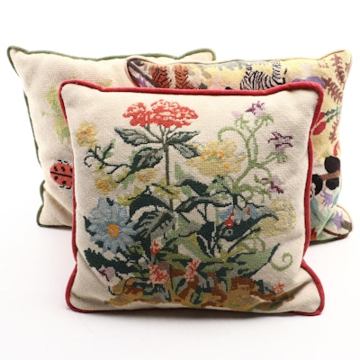 Handmade Needlepoint Throw Pillows with Animal and Floral Motifs