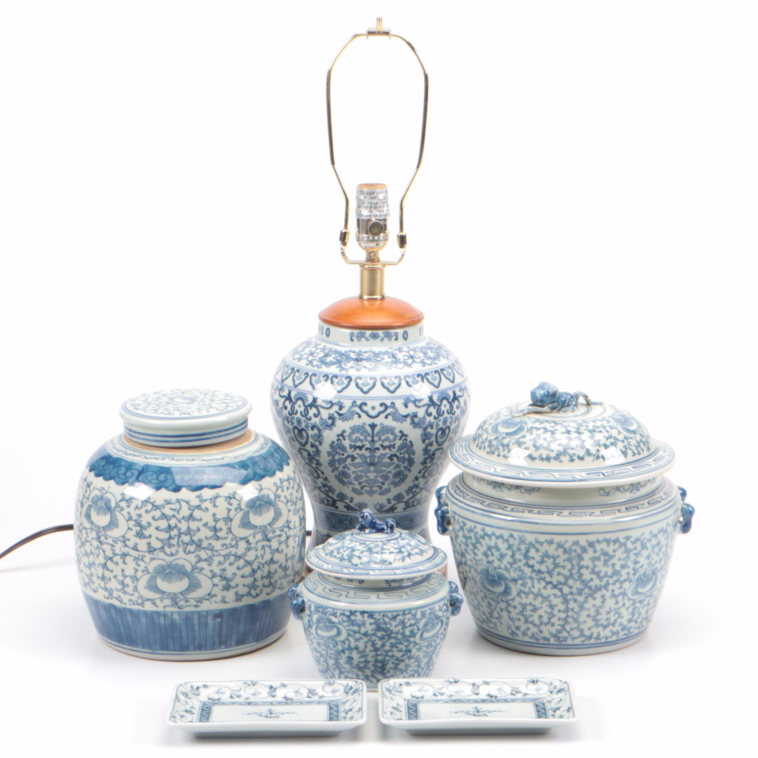 Ralph Lauren Blue and White Porcelain Jar Lamp with Chinese Ginger Jars, Vintage