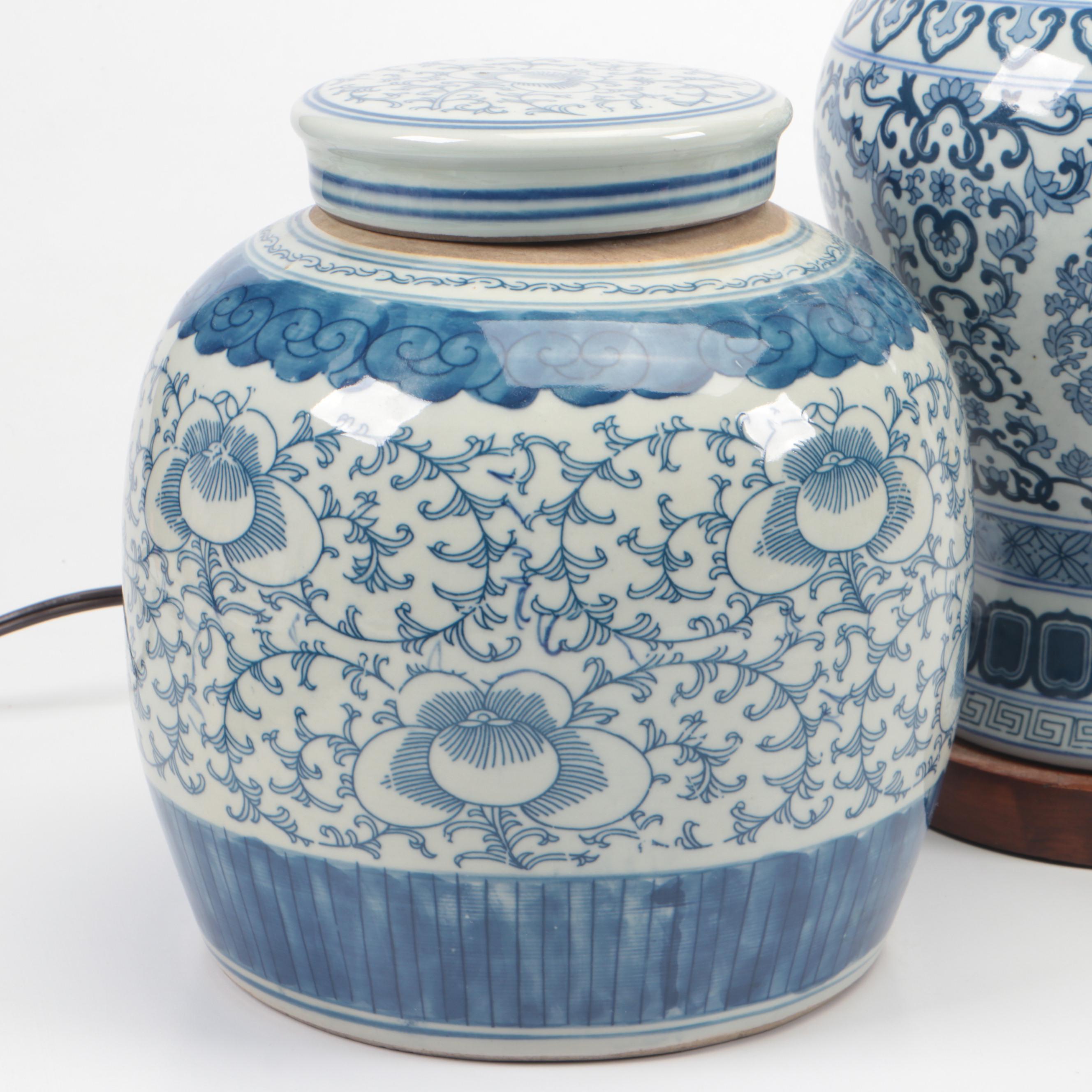 Ralph Lauren Blue and White Porcelain Jar Lamp with Chinese Ginger Jars, Vintage