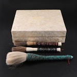 Capiz Shell Mosaic Box with Chinese Calligraphy Brushes